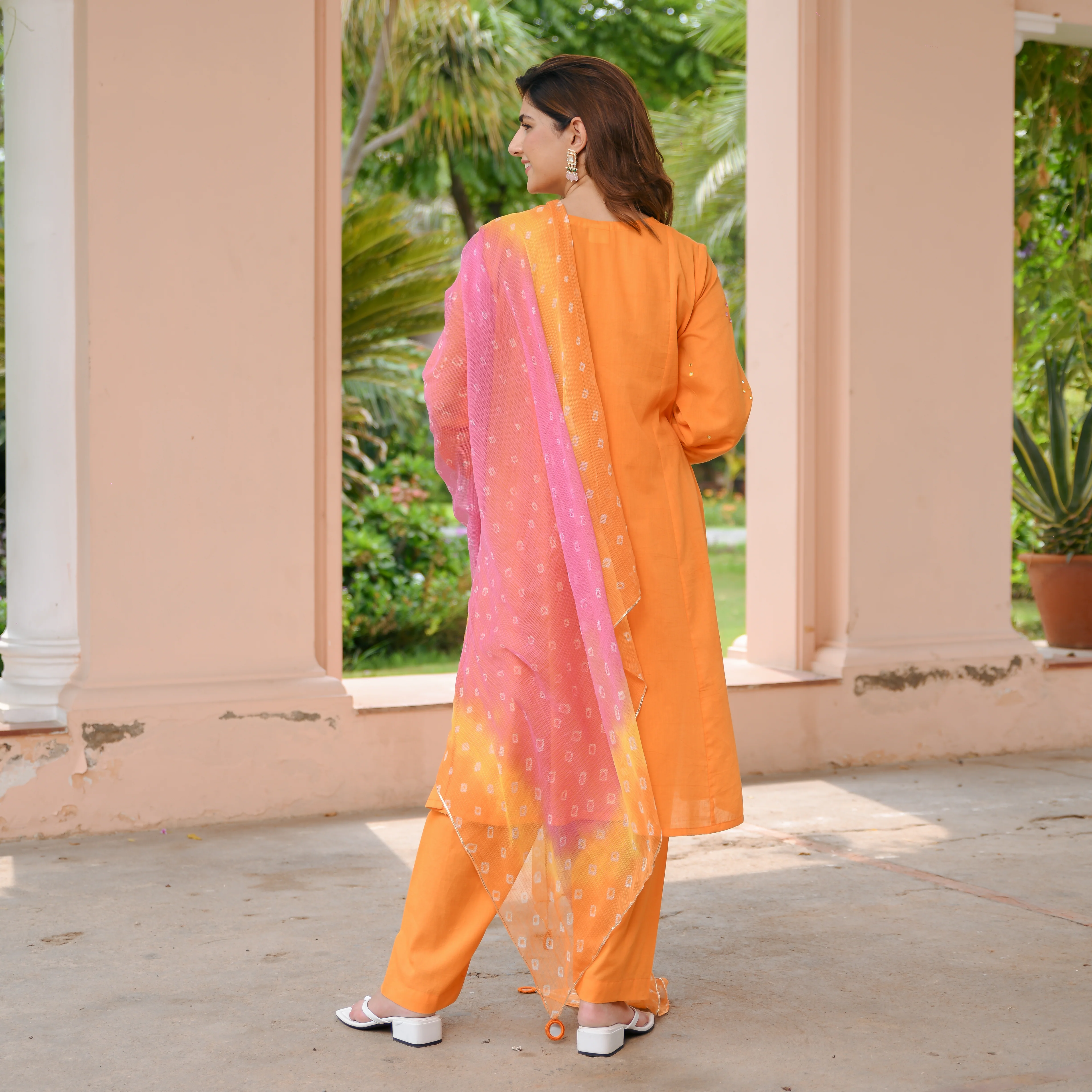 Orange Bandhej Cotton Suit Set - Woolfily