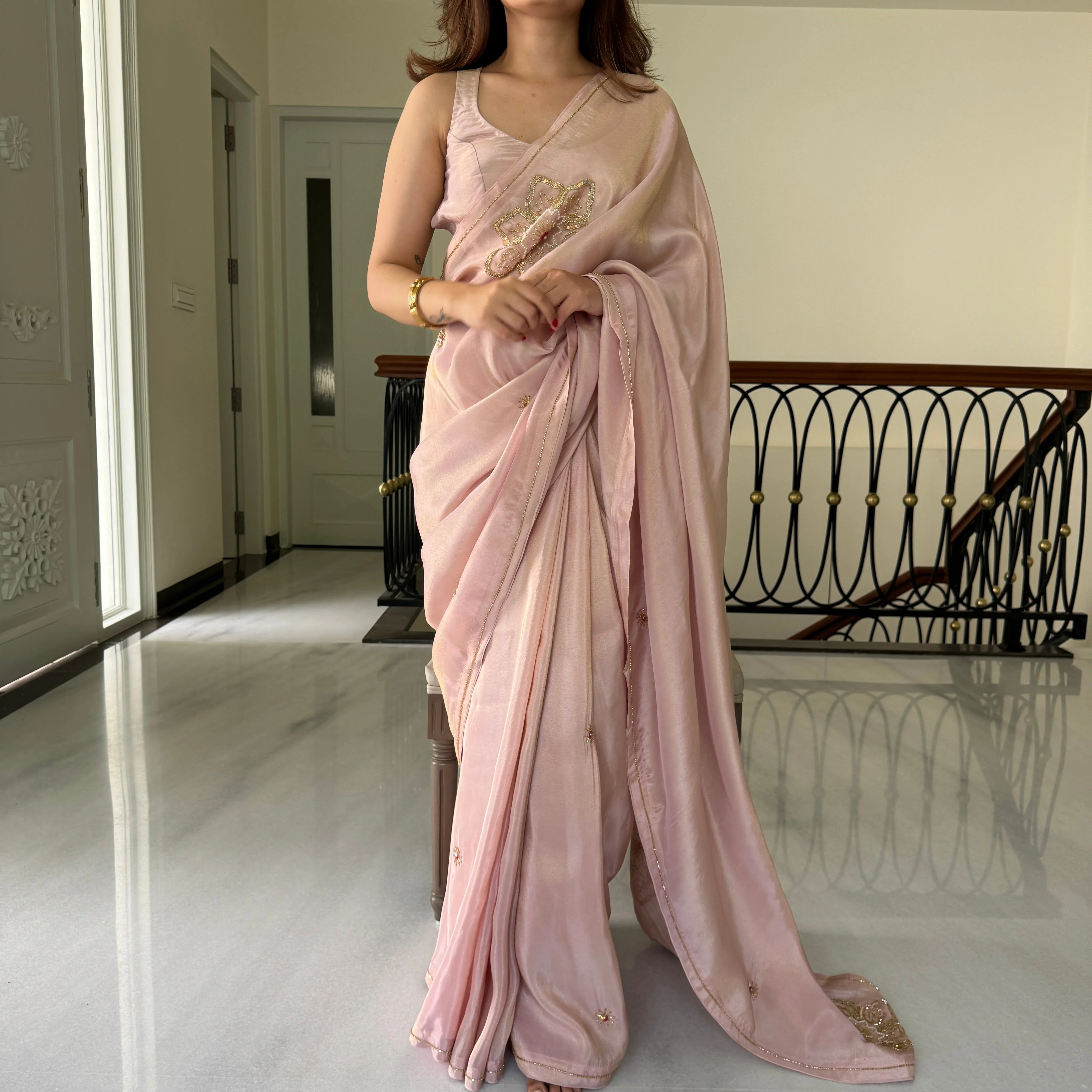 Blush Pink Tissue Saree - Woolfily