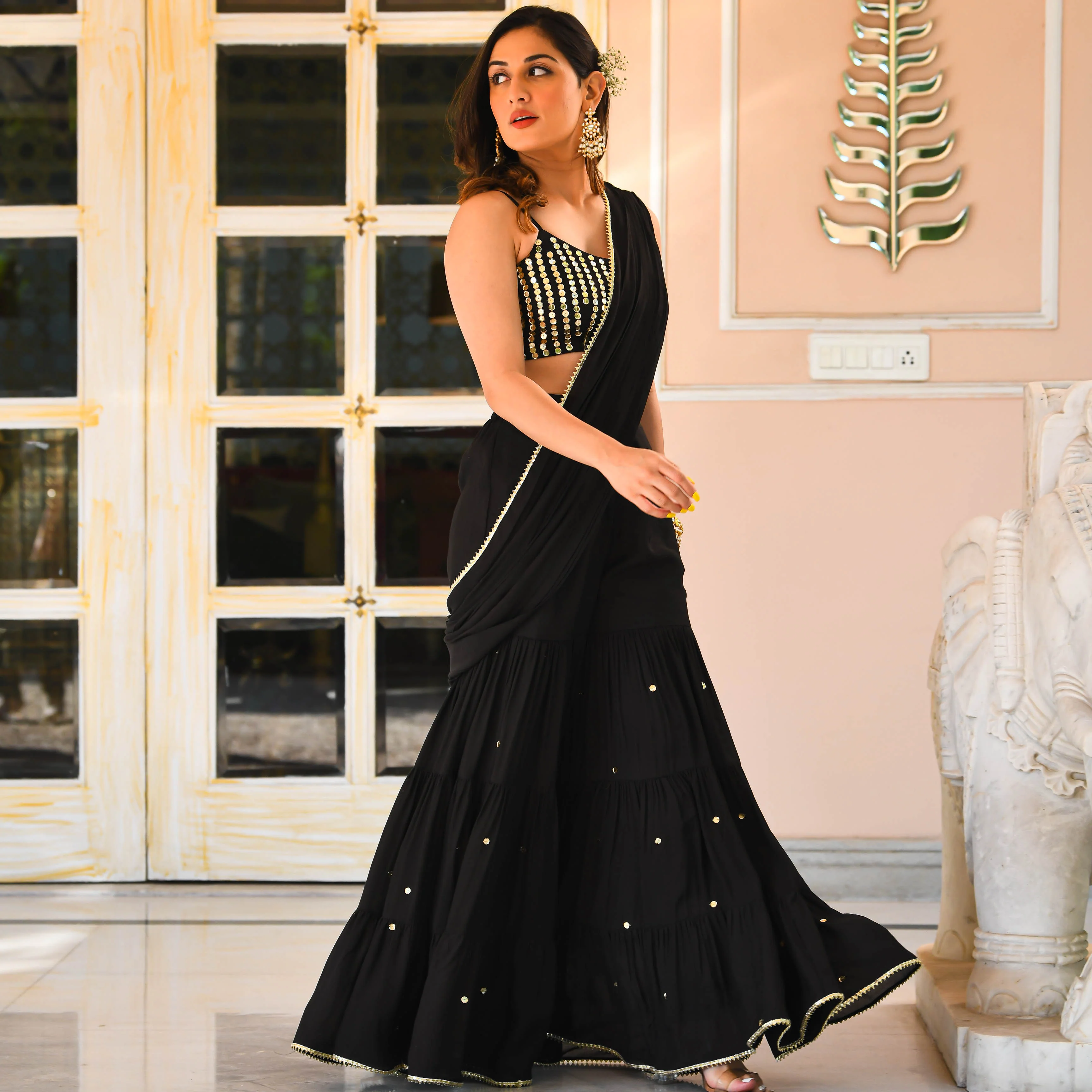 Bunaai Black Draped Saree - Woolfily