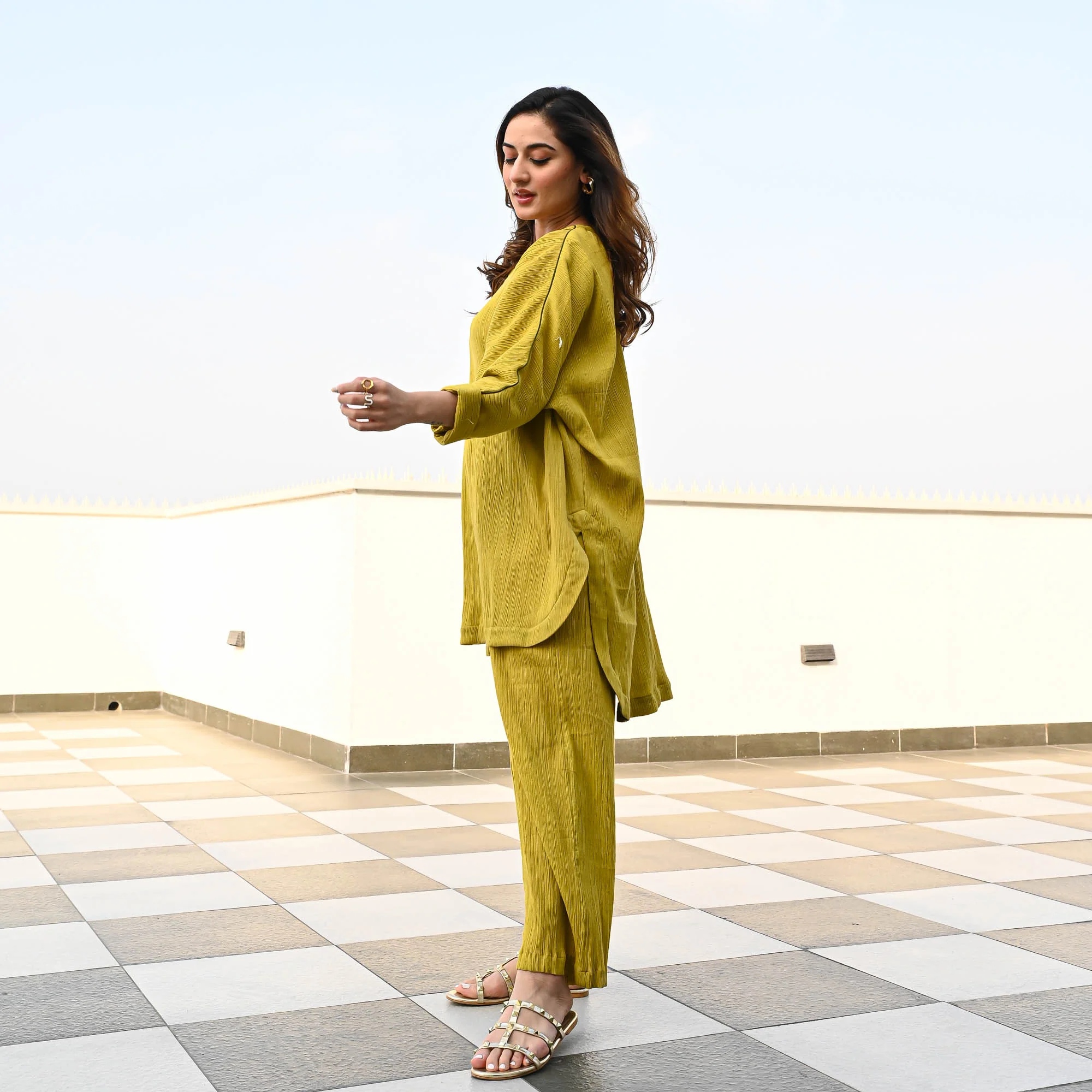 Bunaai Olive Crushed Cotton Coord Set - Woolfily