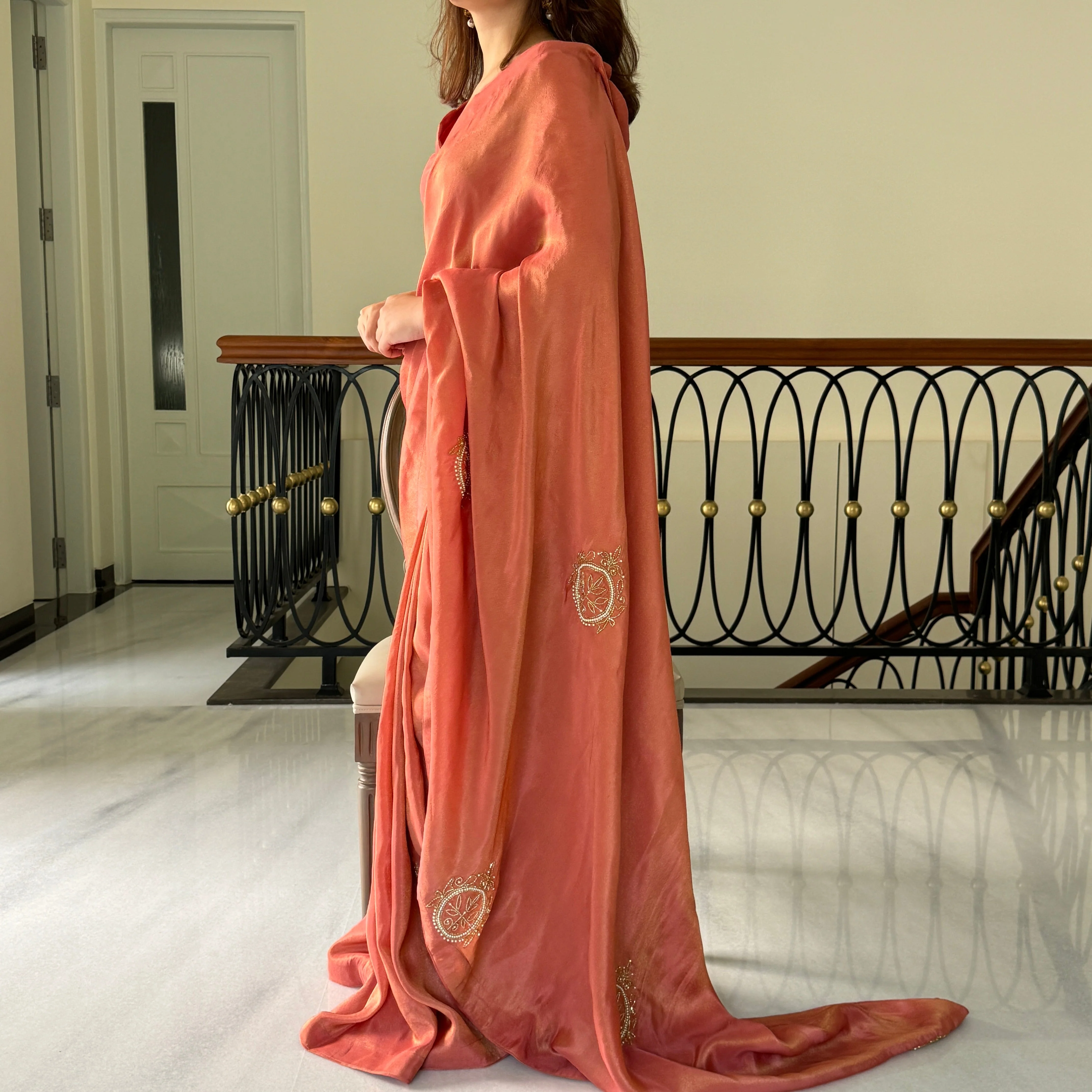 Orange Chandbali Embroidery Saree - Woolfily