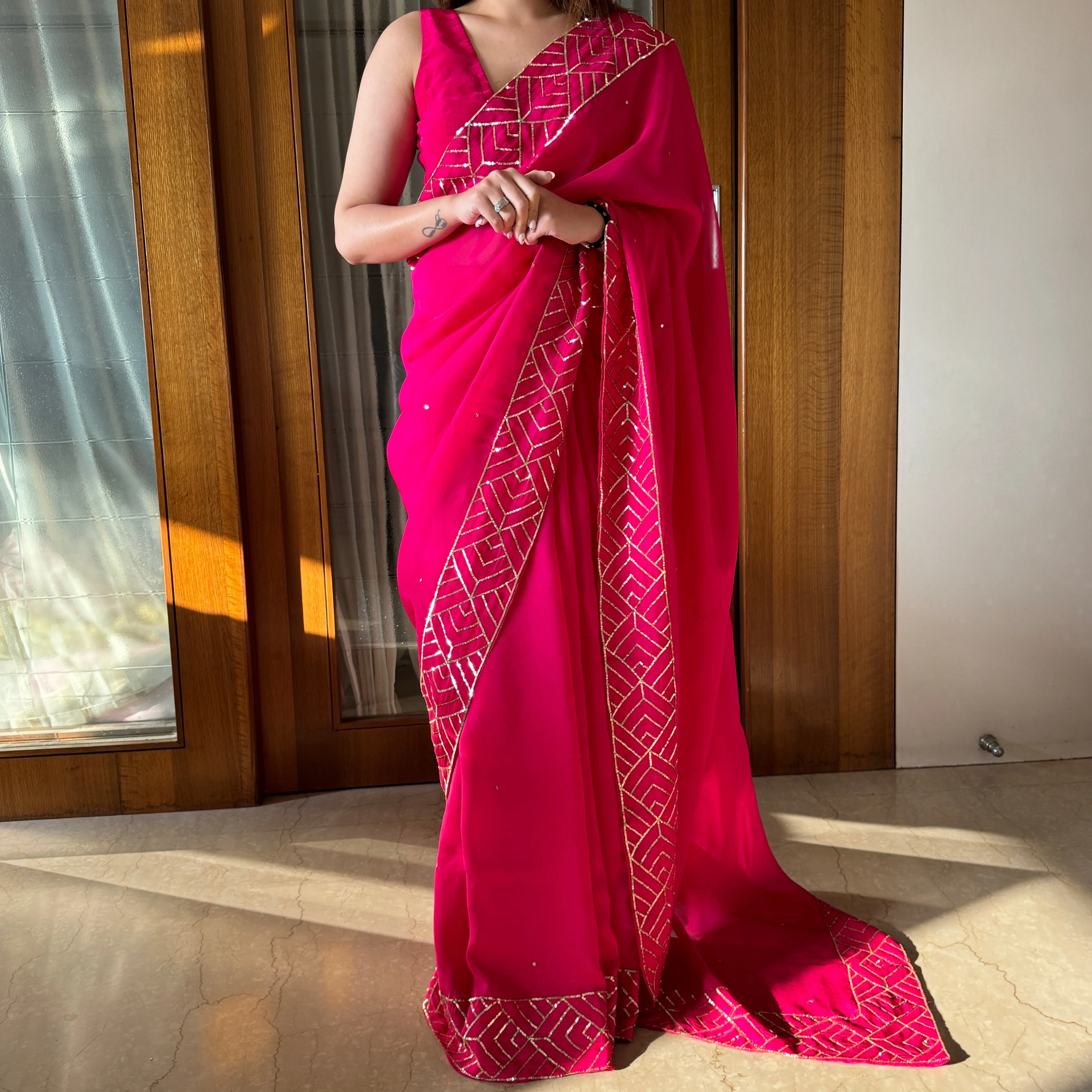 Hot Pink Organza Saree - Woolfily