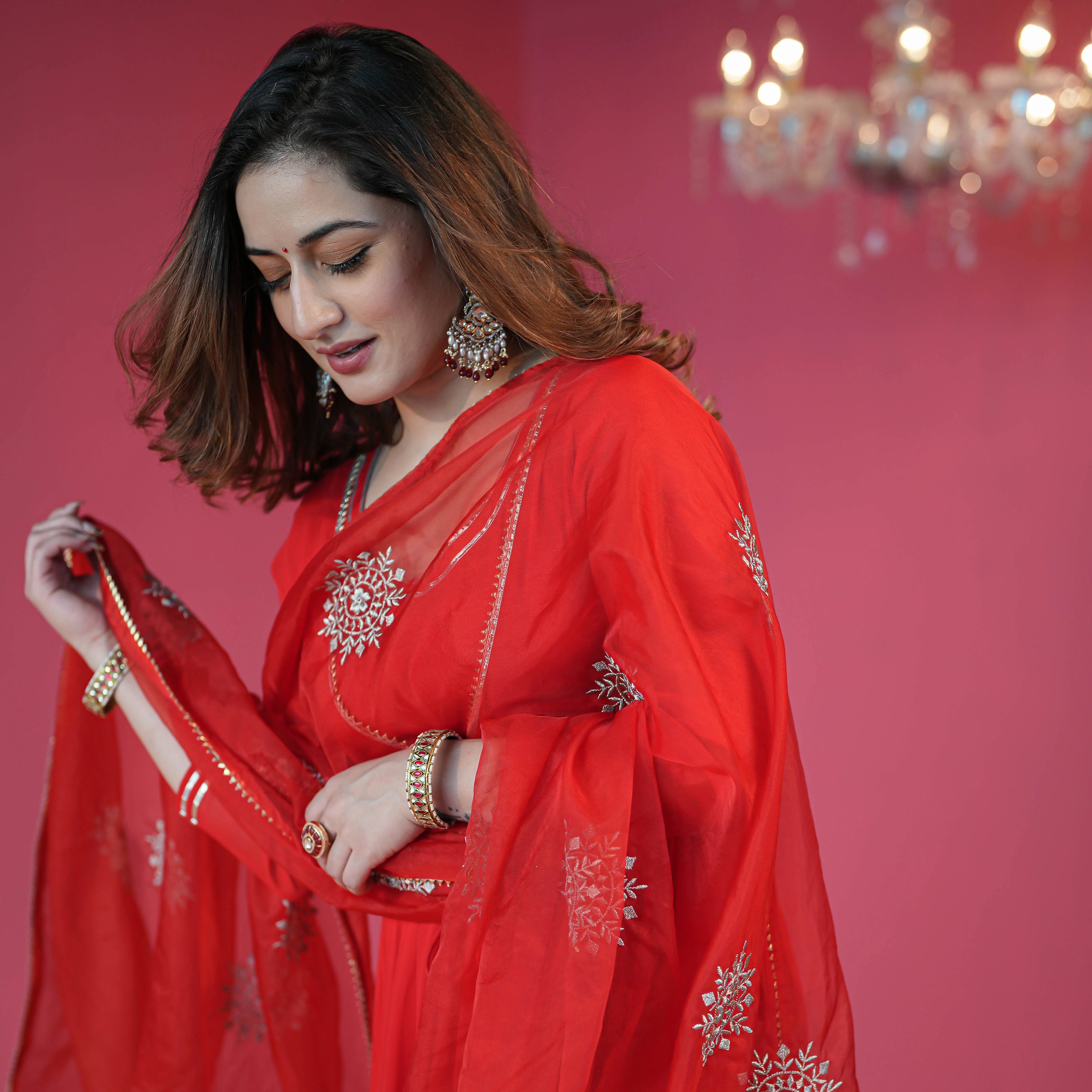 Bunaai Bright Red Georgette Suit Set - Woolfily