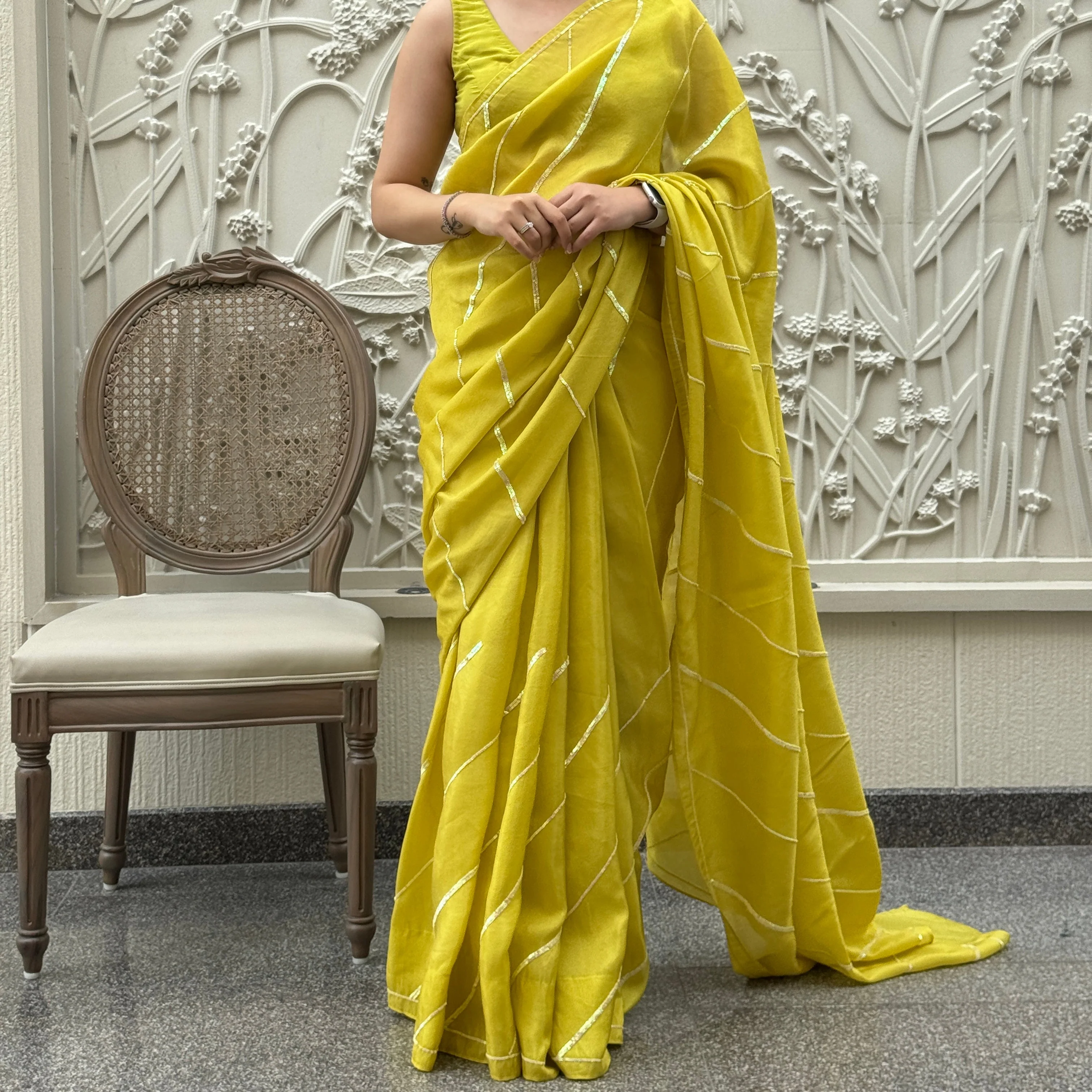 Lime Yellow Tissue Saree - Woolfily