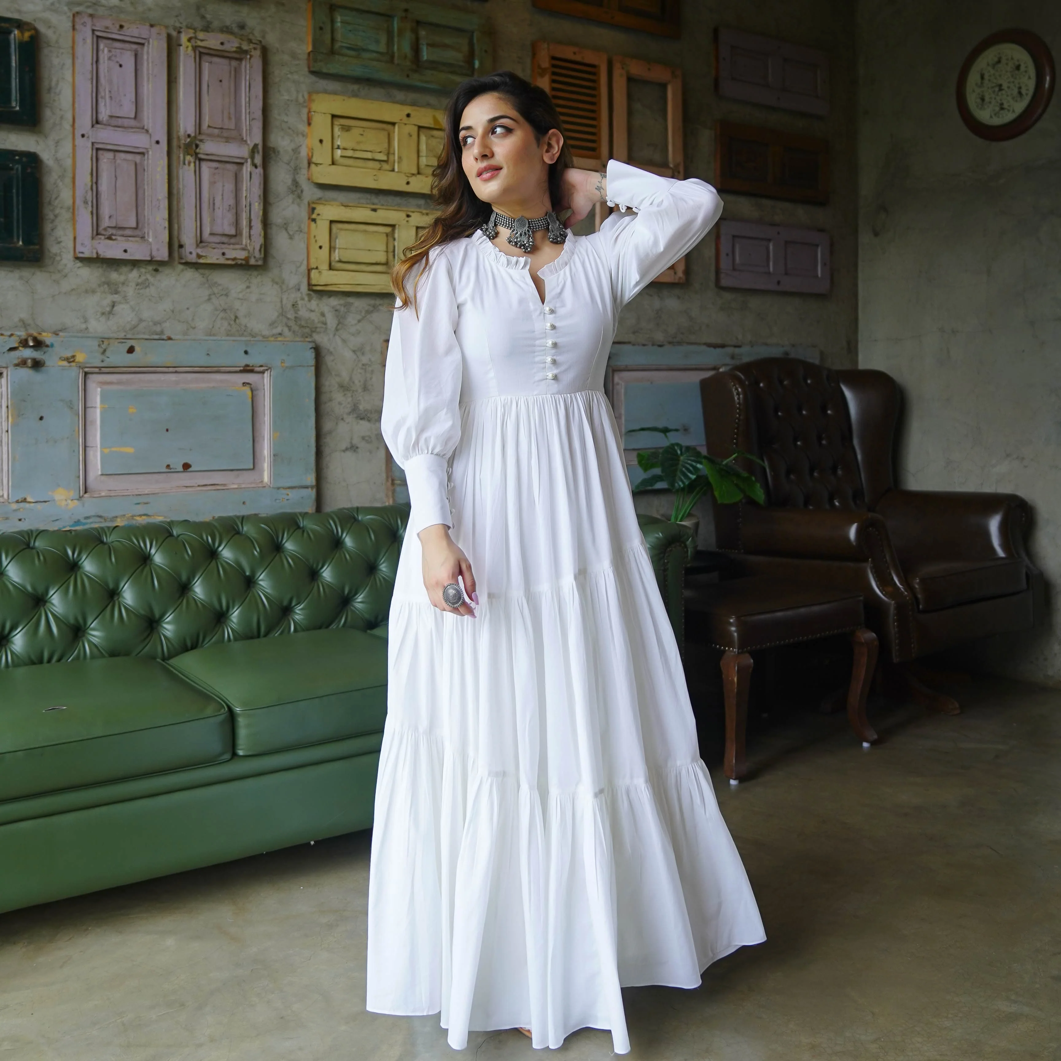 Bunaai Pure White Cotton Maxi Dress - Woolfily