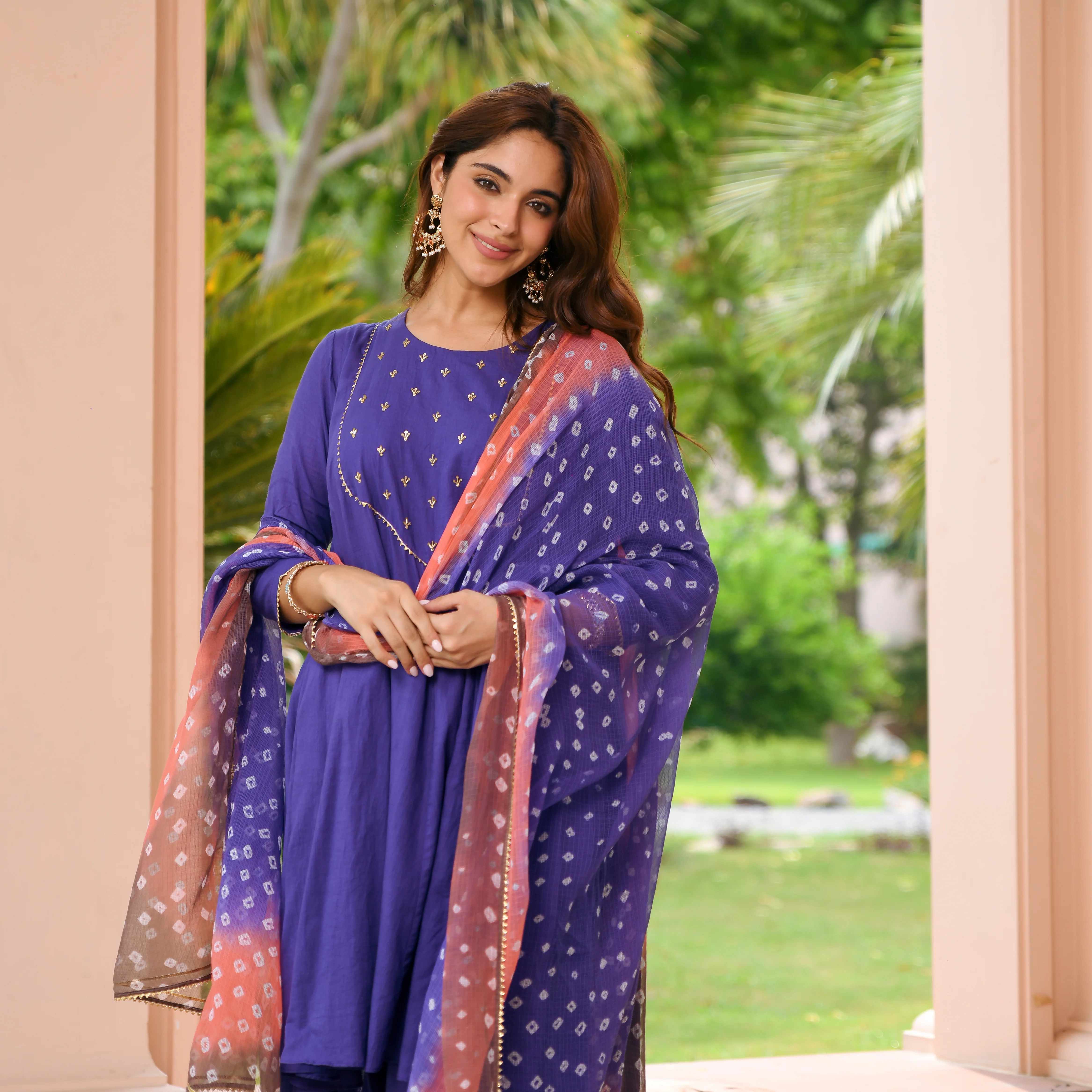 Purple Bandhej Cotton Suit Set - Woolfily