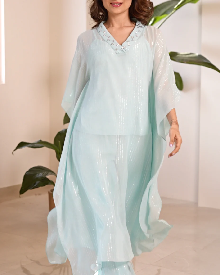 Sea Blue Georgette Kaftan Set - Woolfily