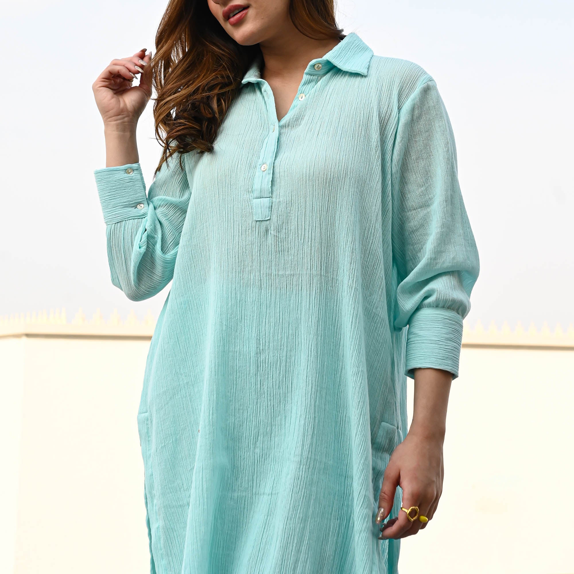 Bunaai Blue Yellow Crushed Cotton Coord Set - Woolfily