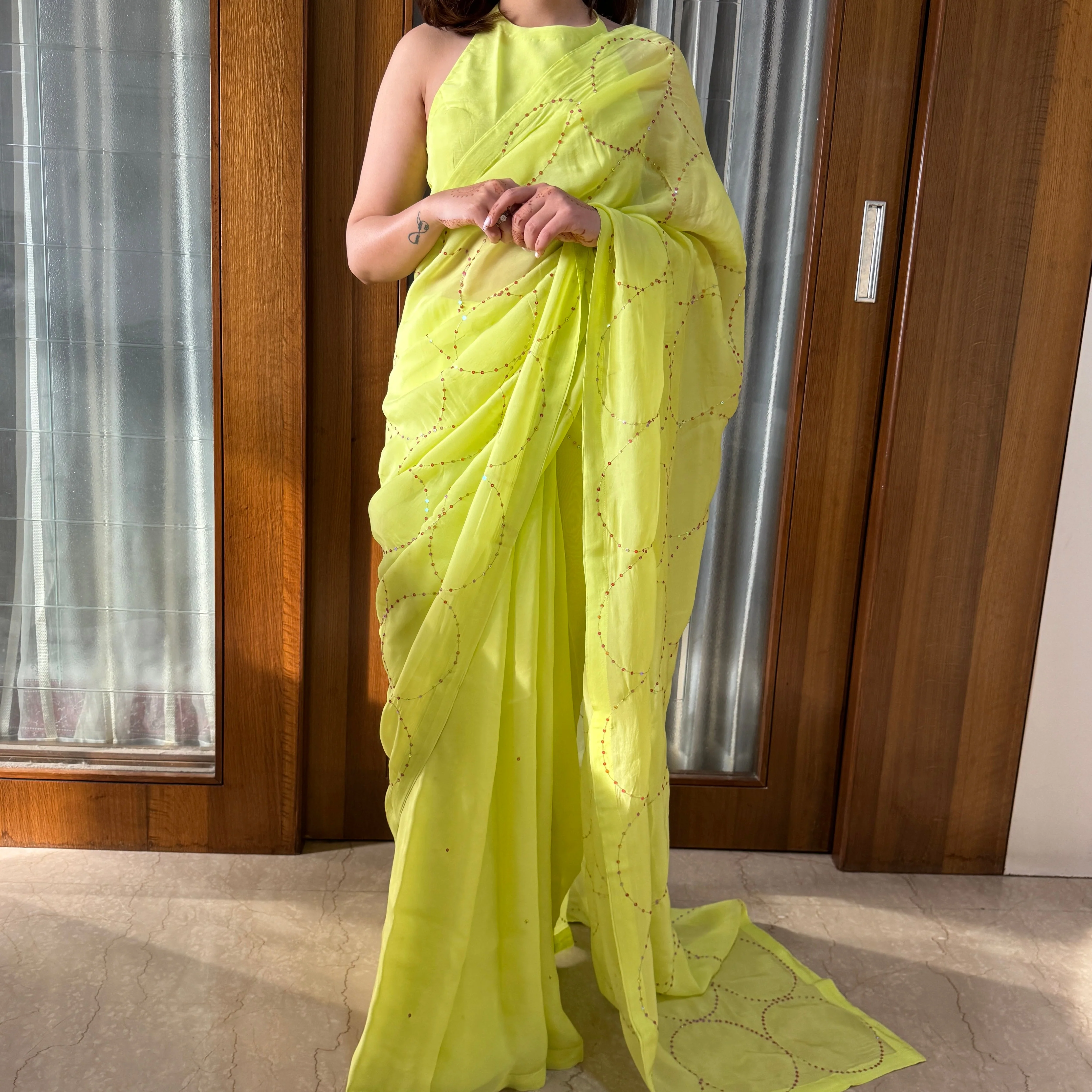 Lime Green Sequin Organza Saree - Woolfily