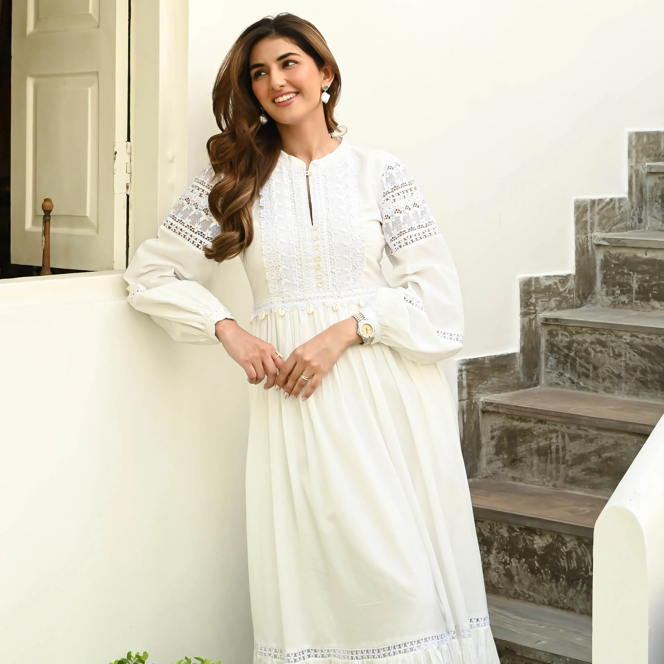 Bunaai Whimsical White Lace Cotton Dress - Woolfily