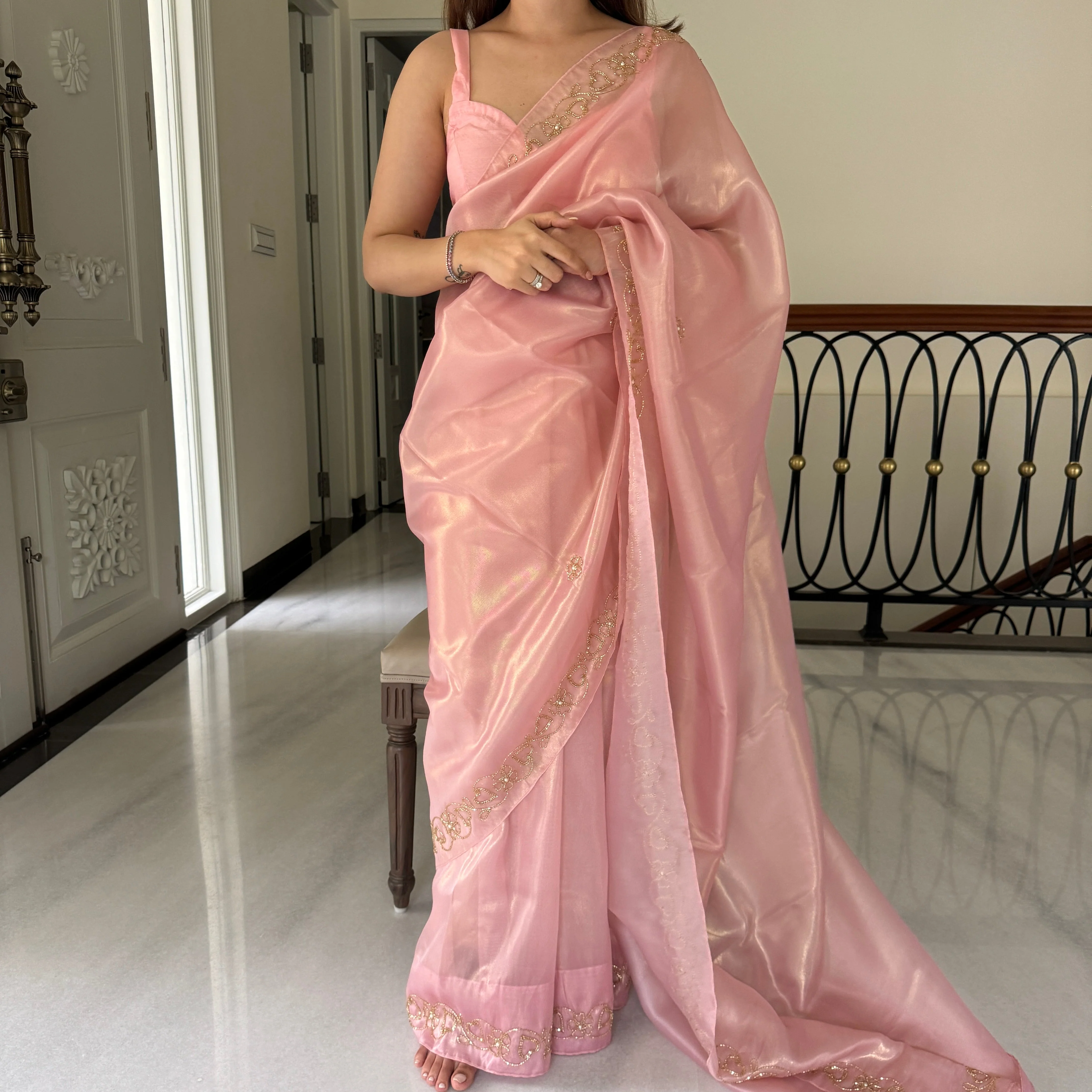 Petal Pink Shimmer Saree - Woolfily