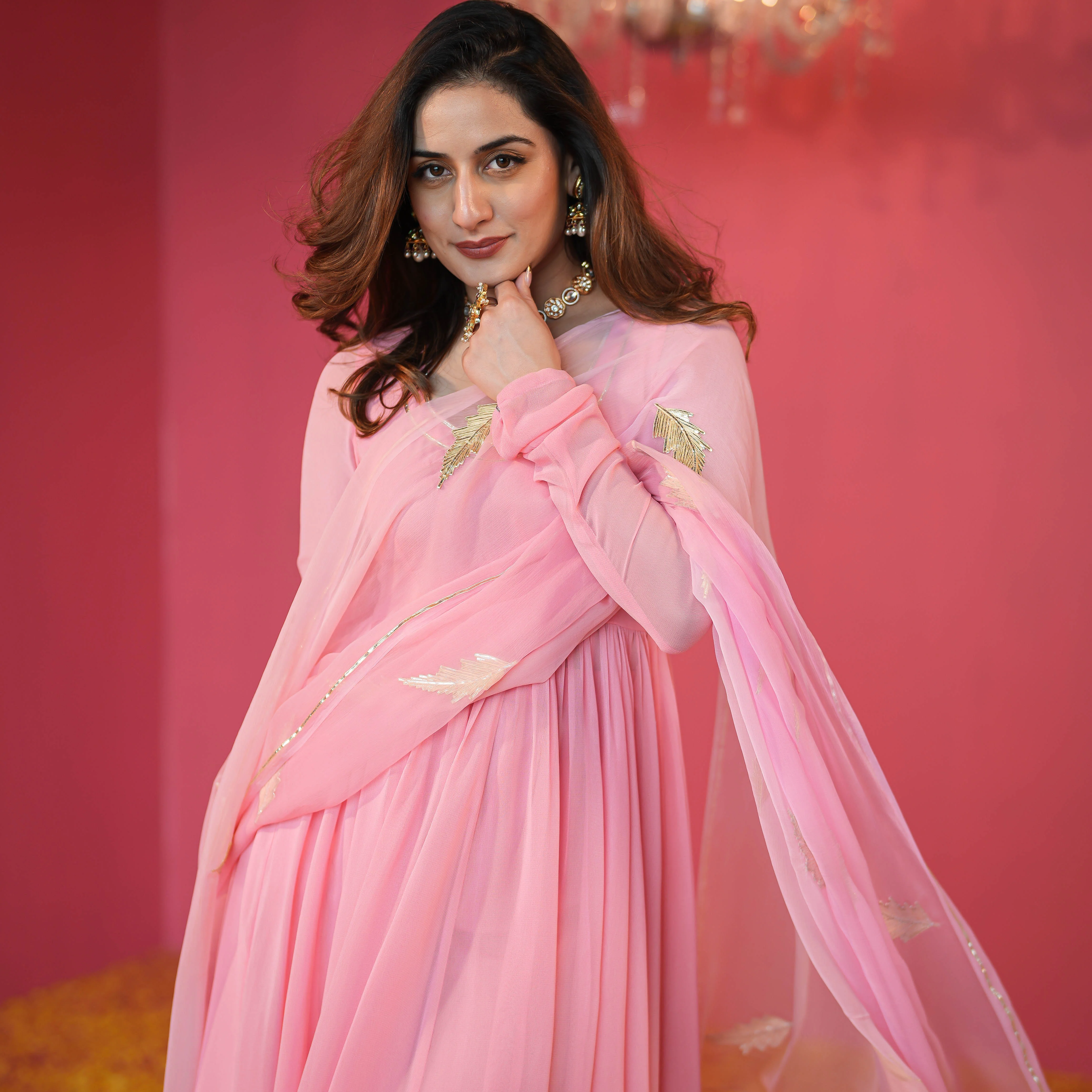 Bunaai Rosy Pink Georgette Suit Set - Woolfily