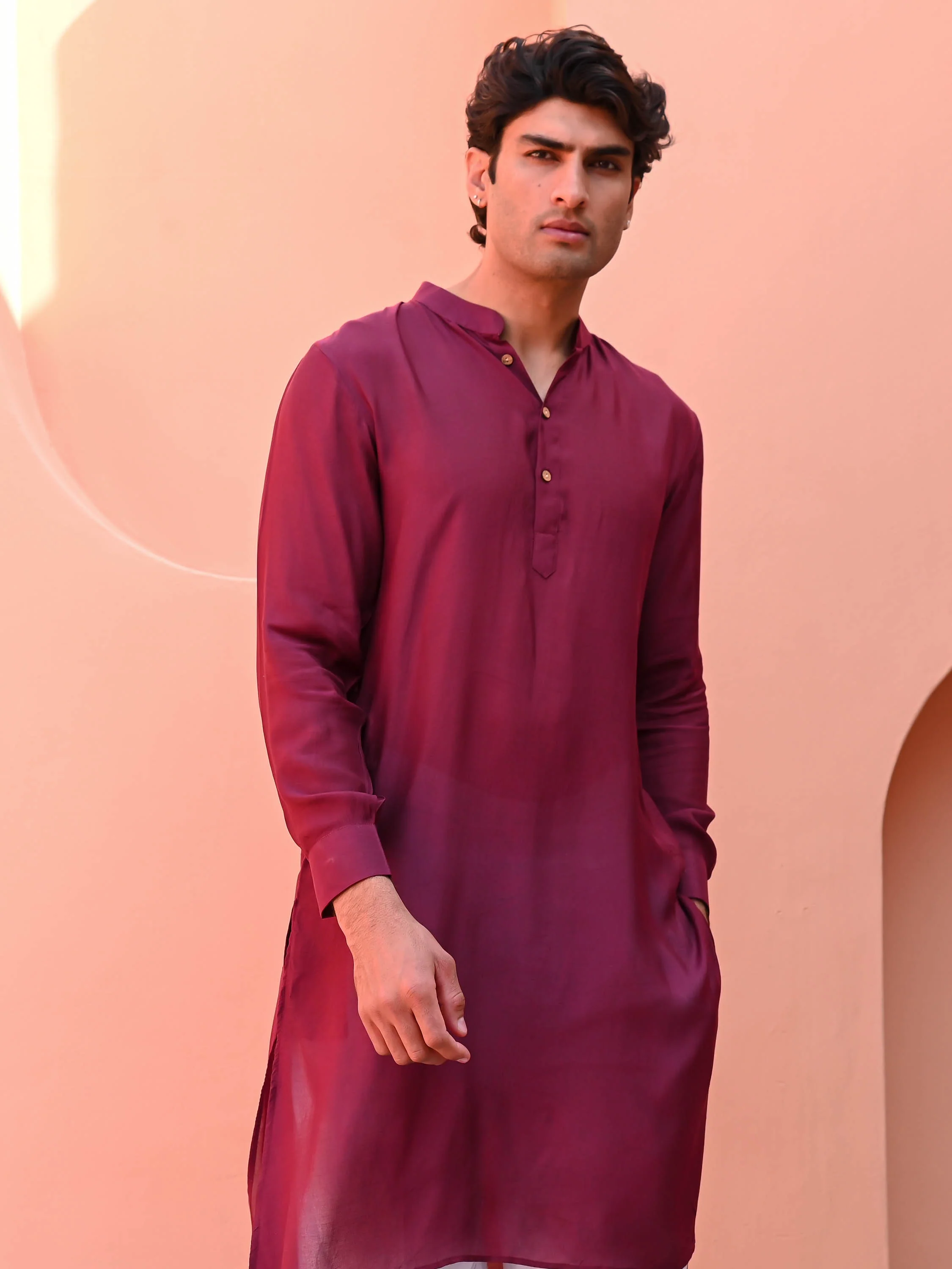 Wine Color Men Long Kurta - Woolfily