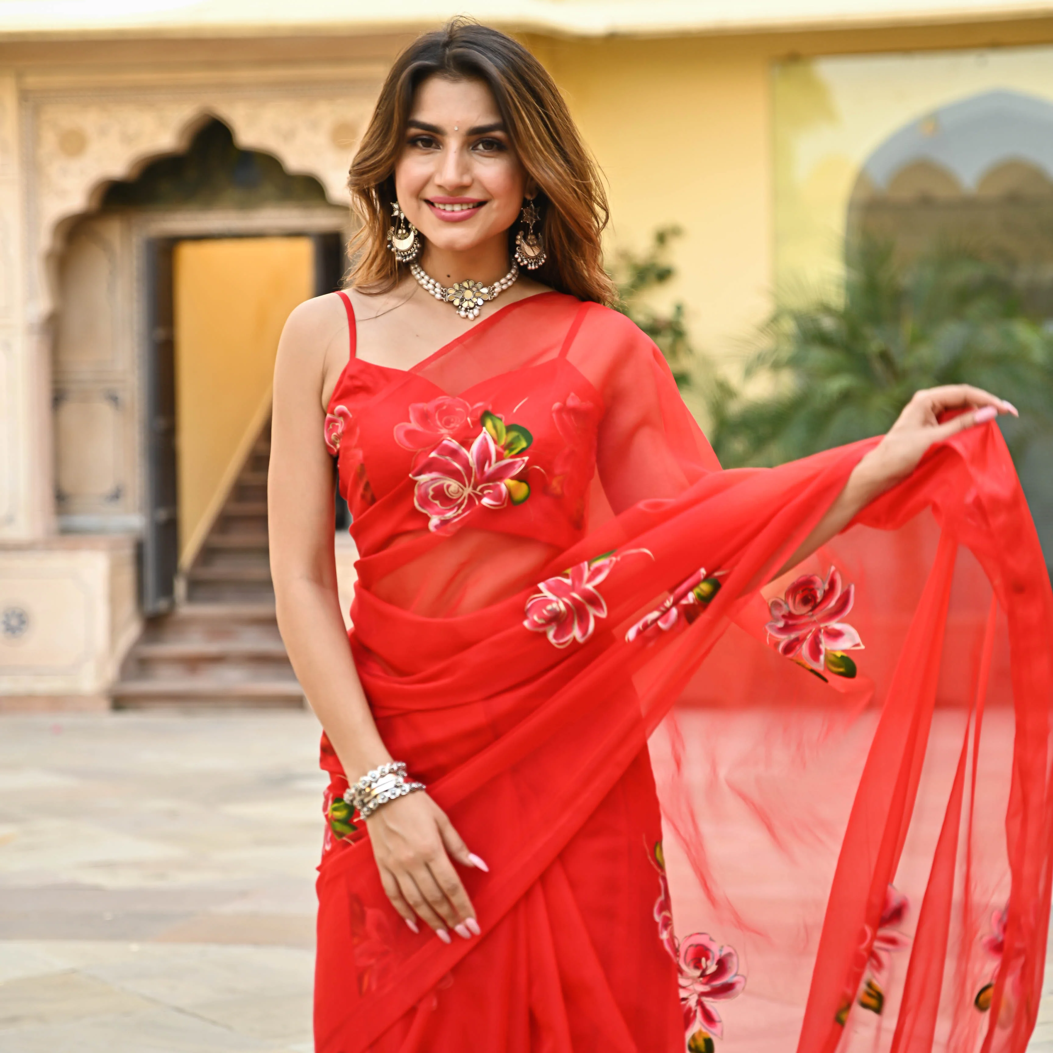 Bunaai Red Organza Handpainted Saree - Woolfily