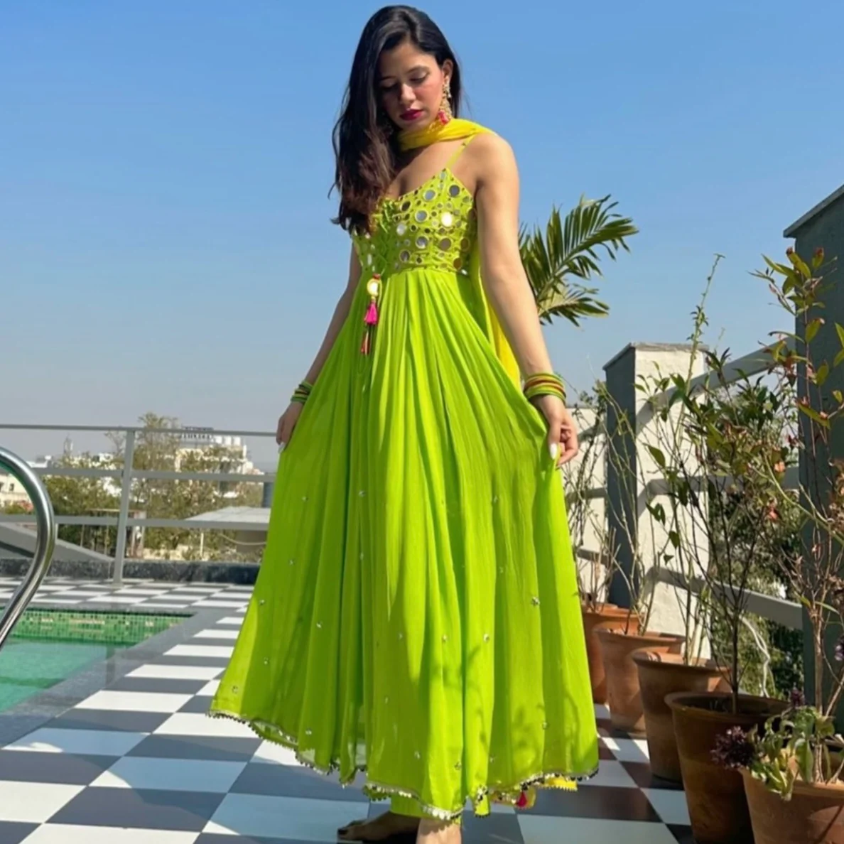 Bunaai Yellow Green Mirror Work Suit Set - Woolfily