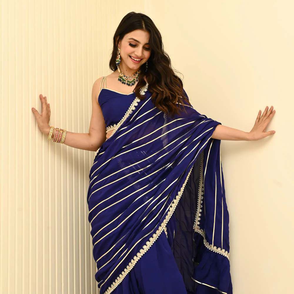 Bunaai Hot Blue Organza Draped Saree - Woolfily