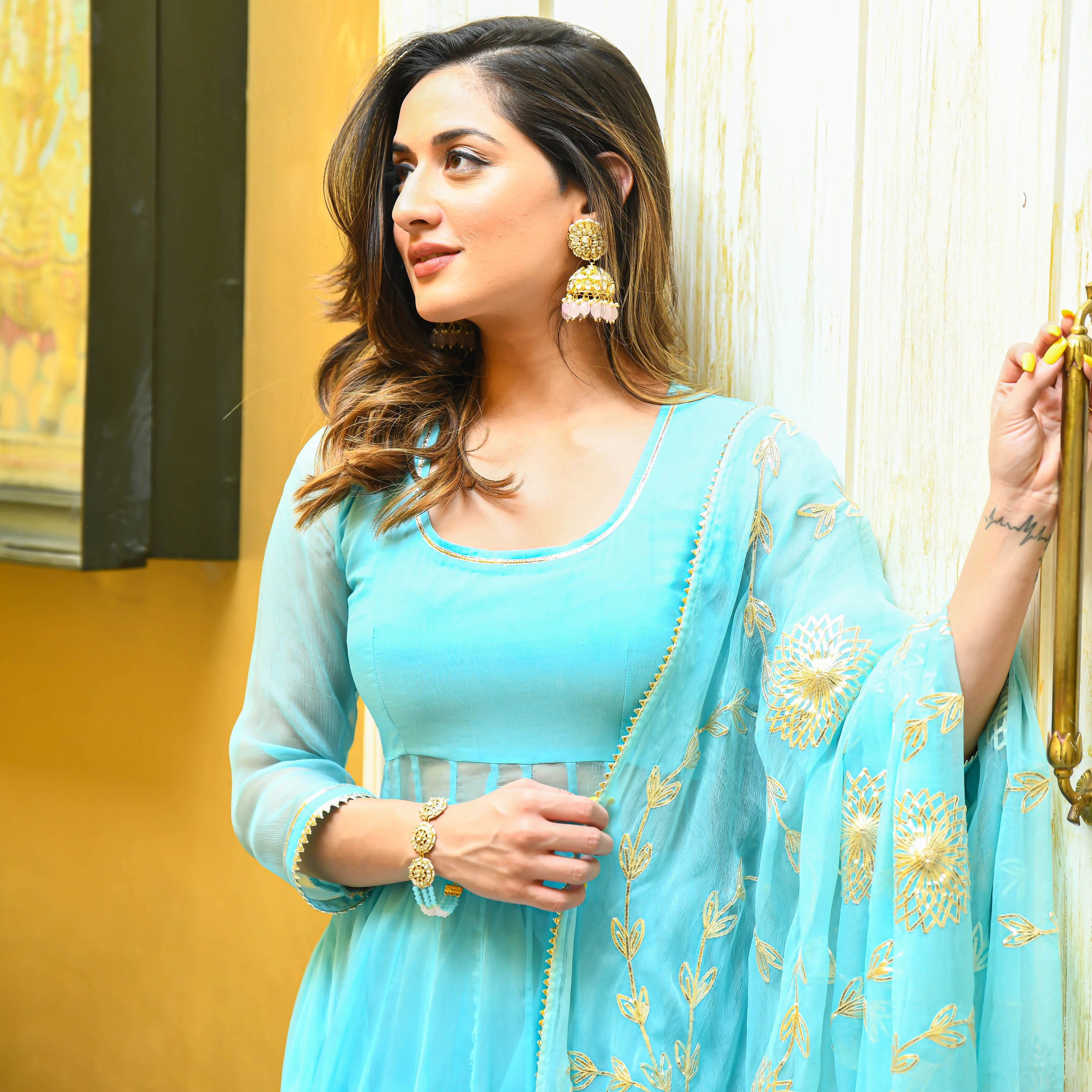 Bunaai Skyblue Gotta Salwar Suit - Woolfily