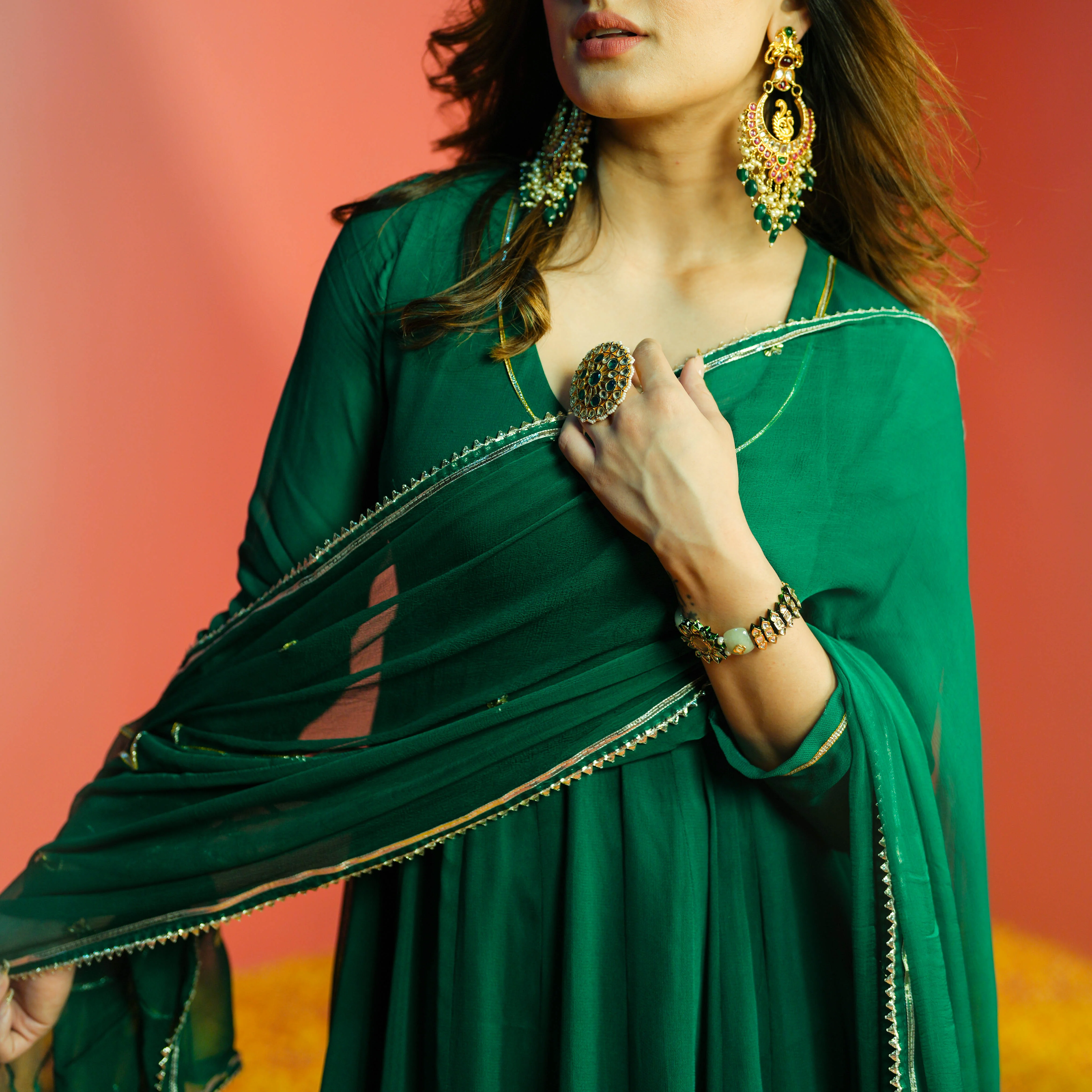 Bunaai Emerald Green Georgette Suit Set - Woolfily