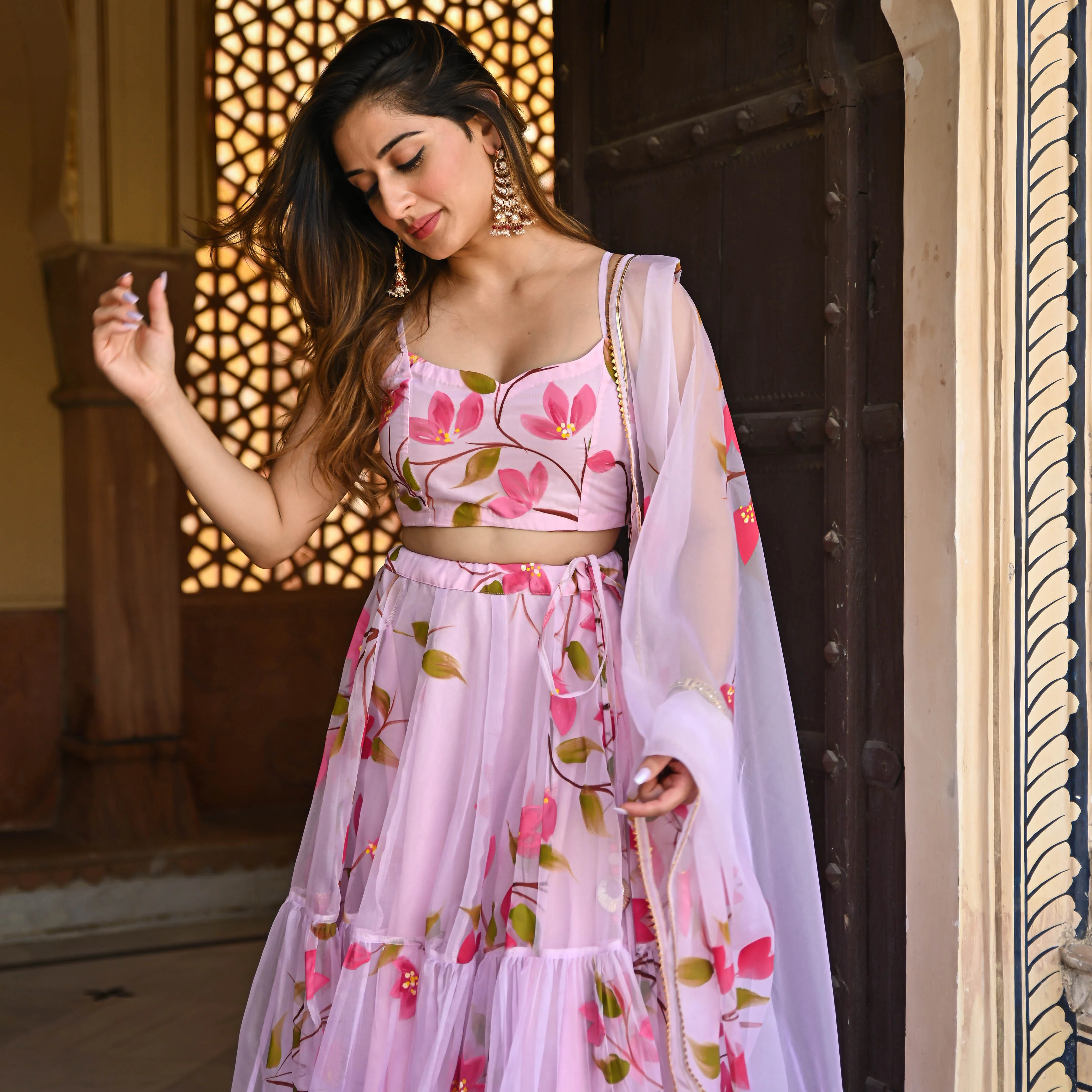 Bunaai Baby Pink Handpainted Lehenga Set - Woolfily