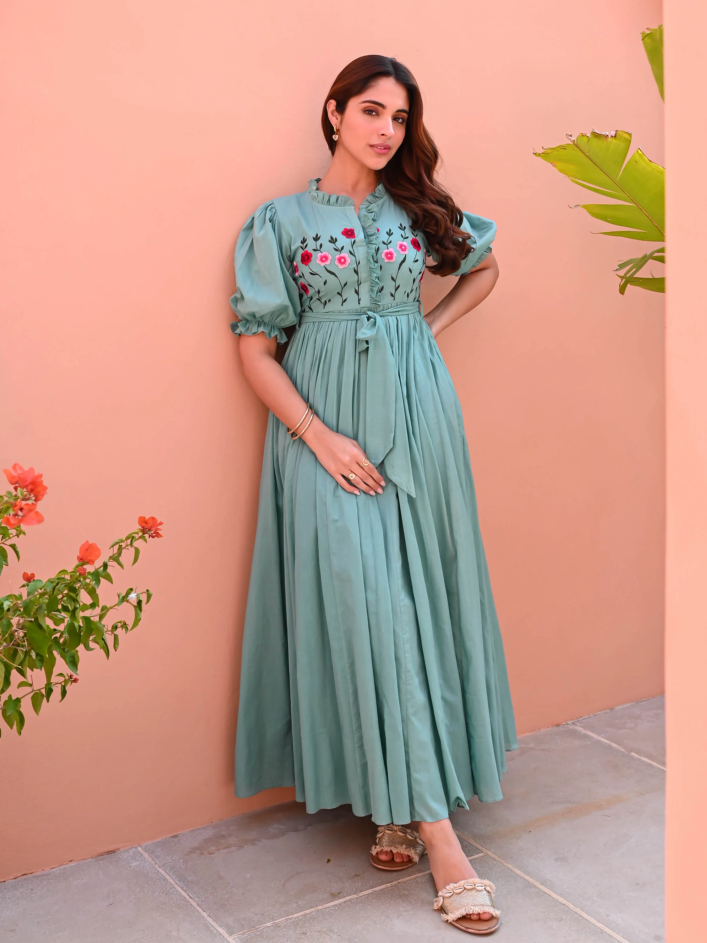 Mint Embroidered Cotton Dress - Woolfily