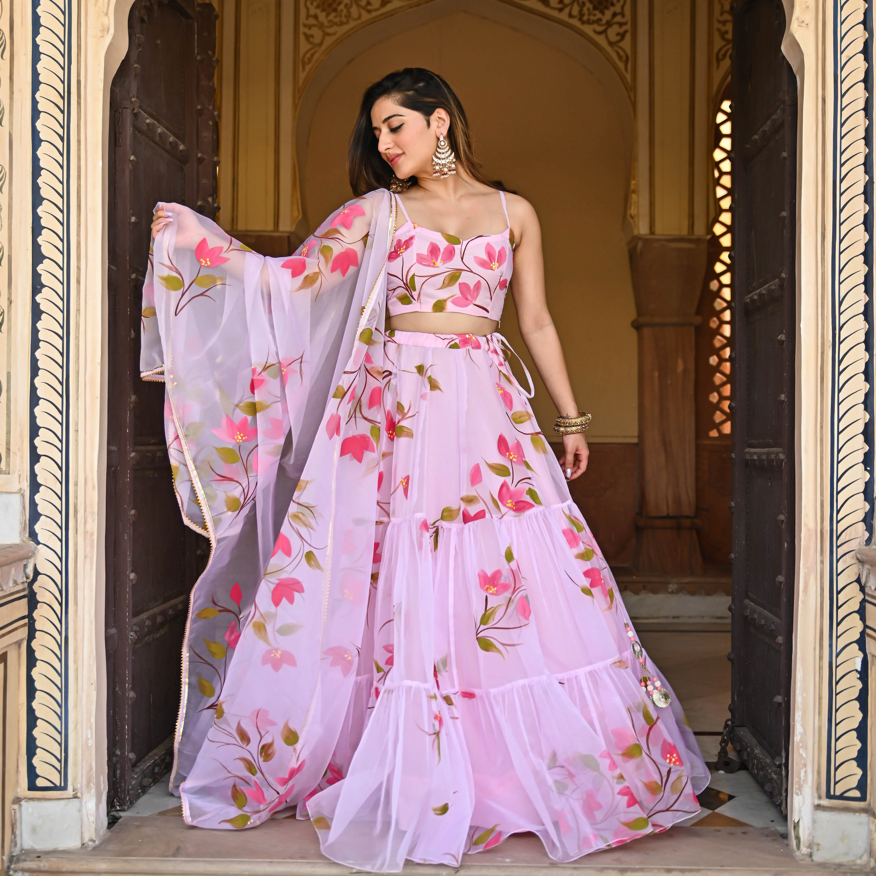 Bunaai Baby Pink Handpainted Lehenga Set - Woolfily