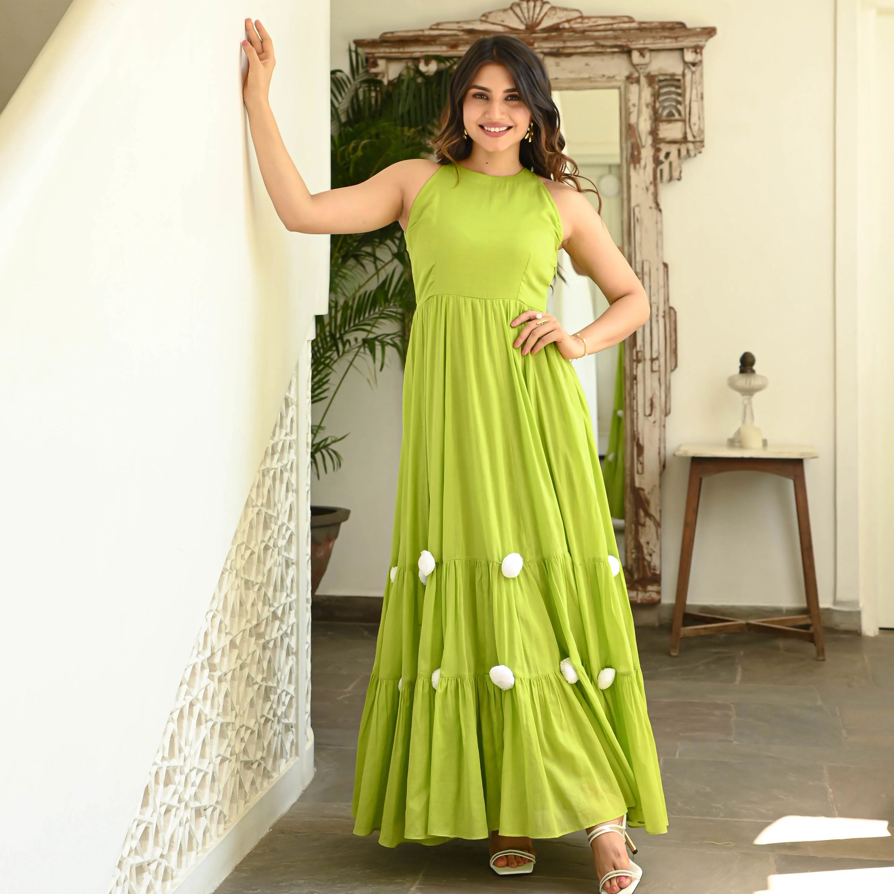 Bunaai Parrot Green Pompom Dress - Woolfily