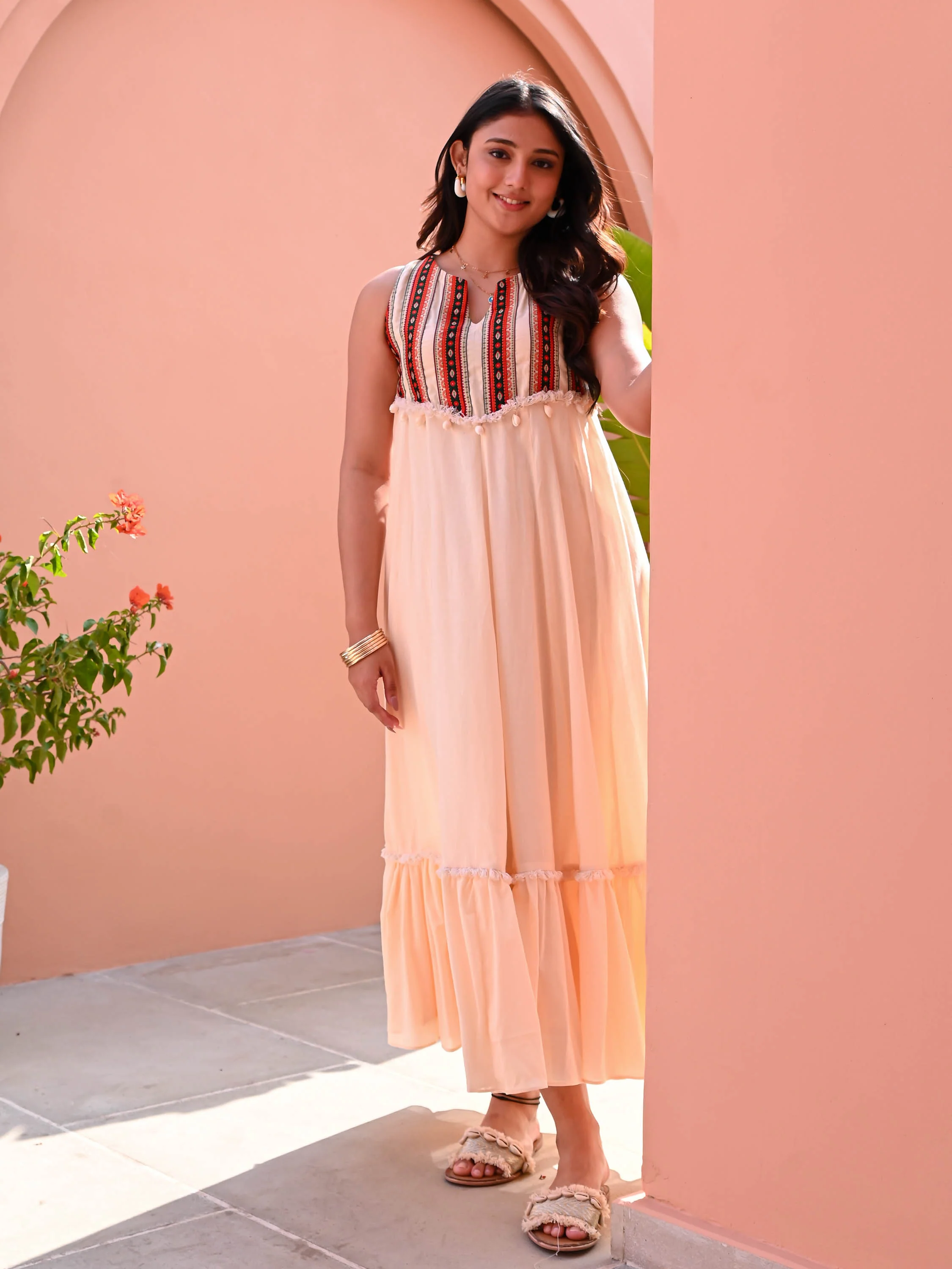 Beige Cotton Dress with Neck Detail - Woolfily