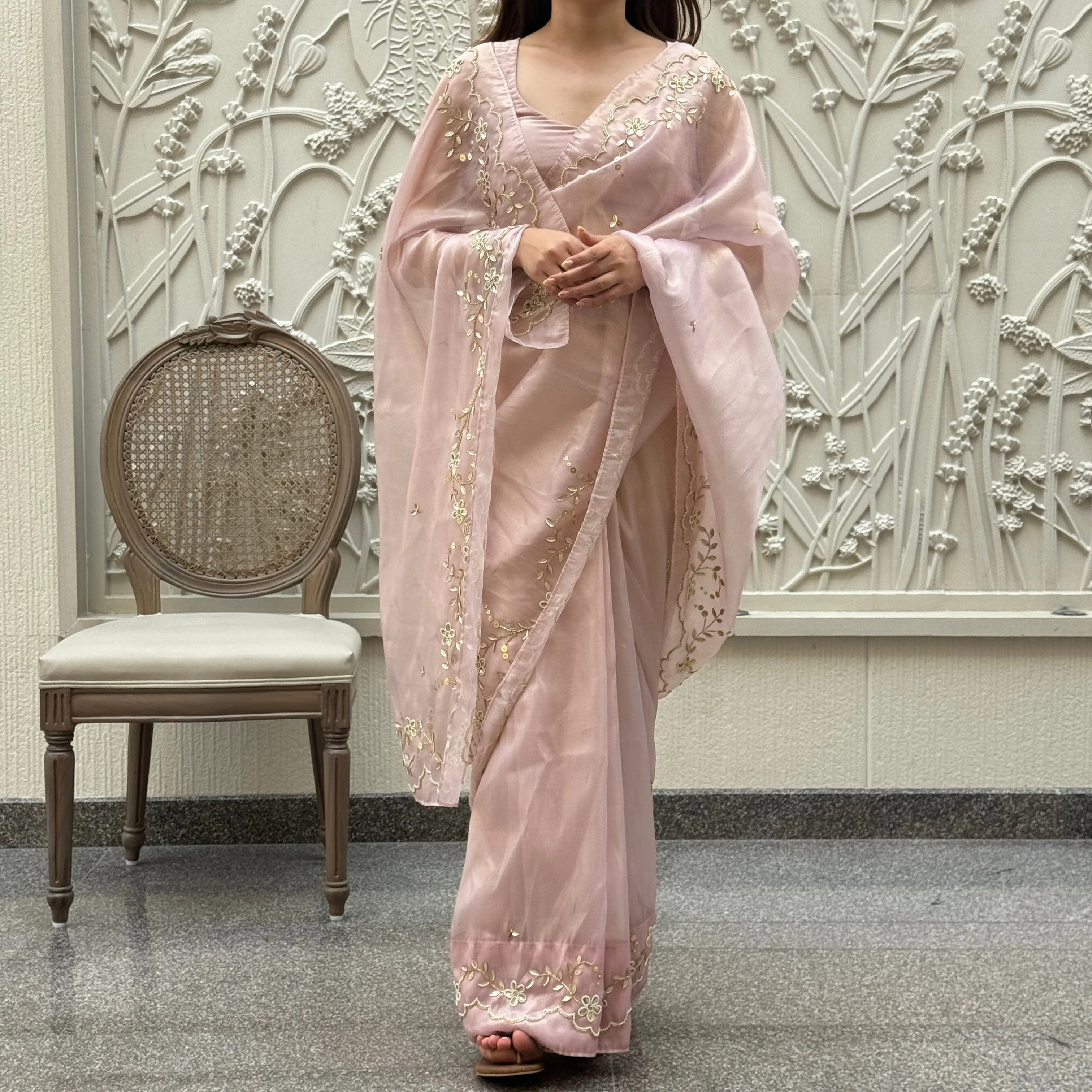 Baby Pink Shimmer Saree - Woolfily