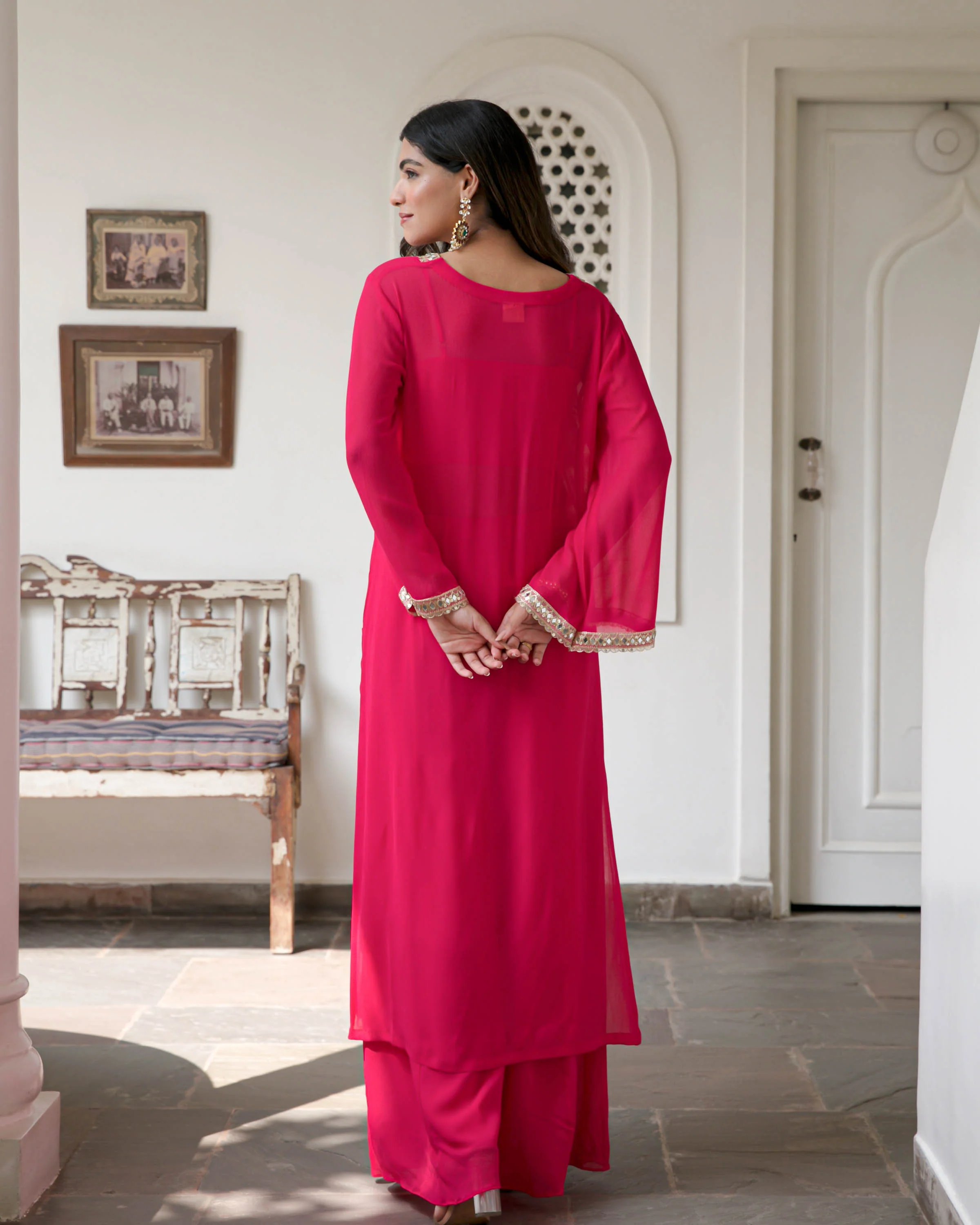 Pink Georgette Kurta Pants - Woolfily