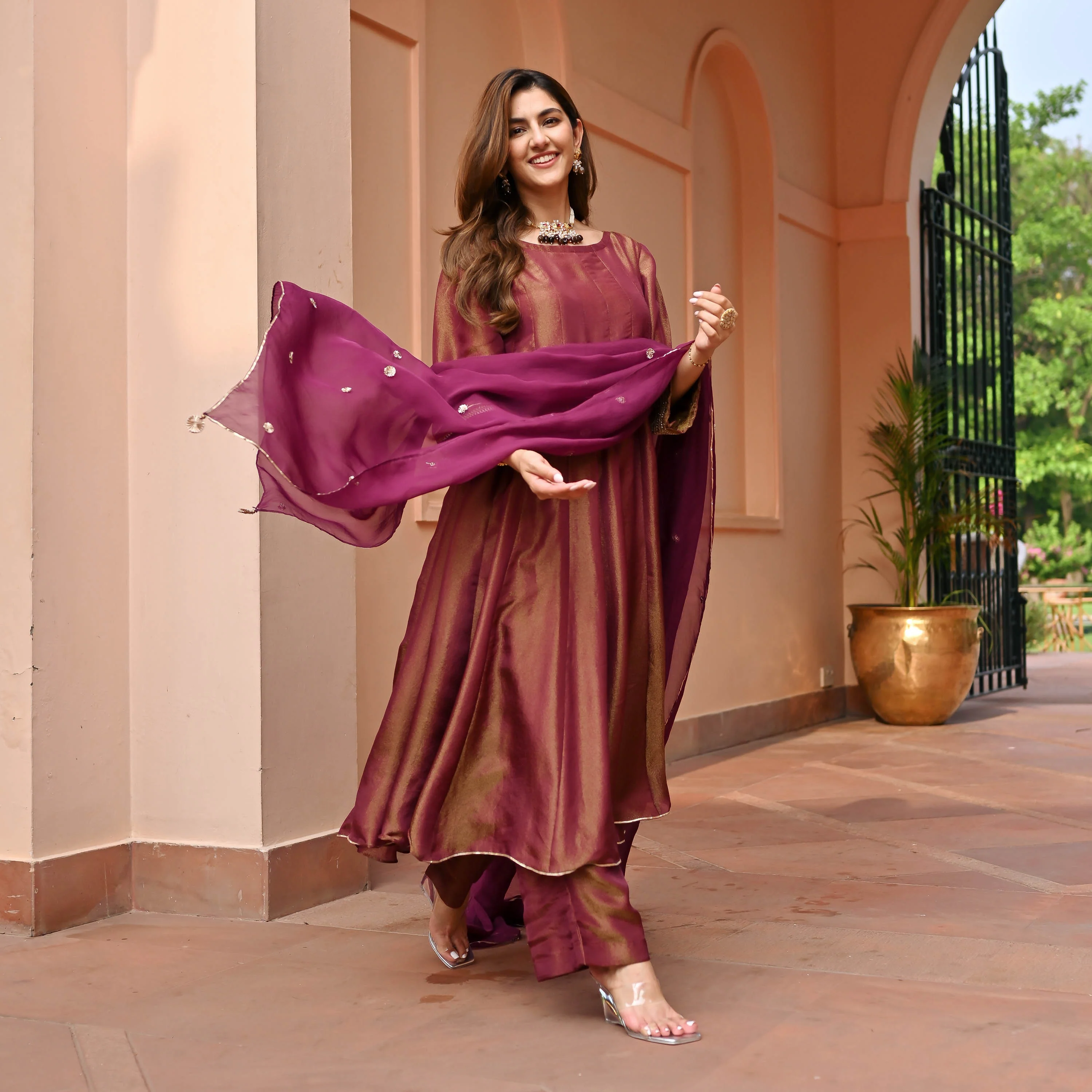Maroon Tissue Silk Suit Set - Woolfily