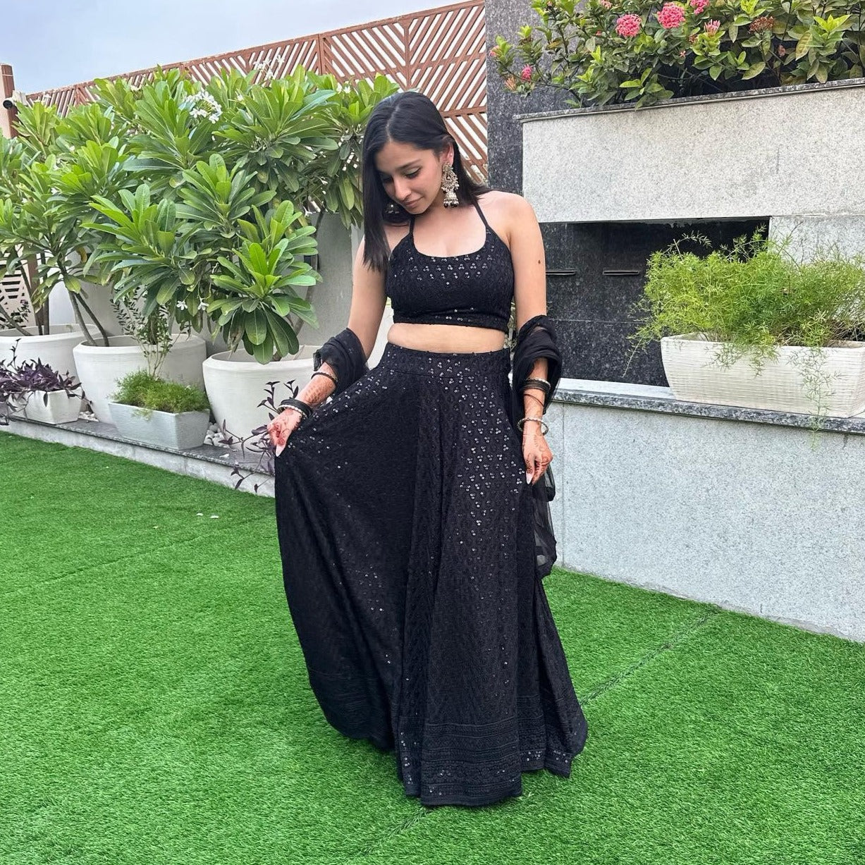 Bunaai Starry Night Chikankari Lehenga - Woolfily