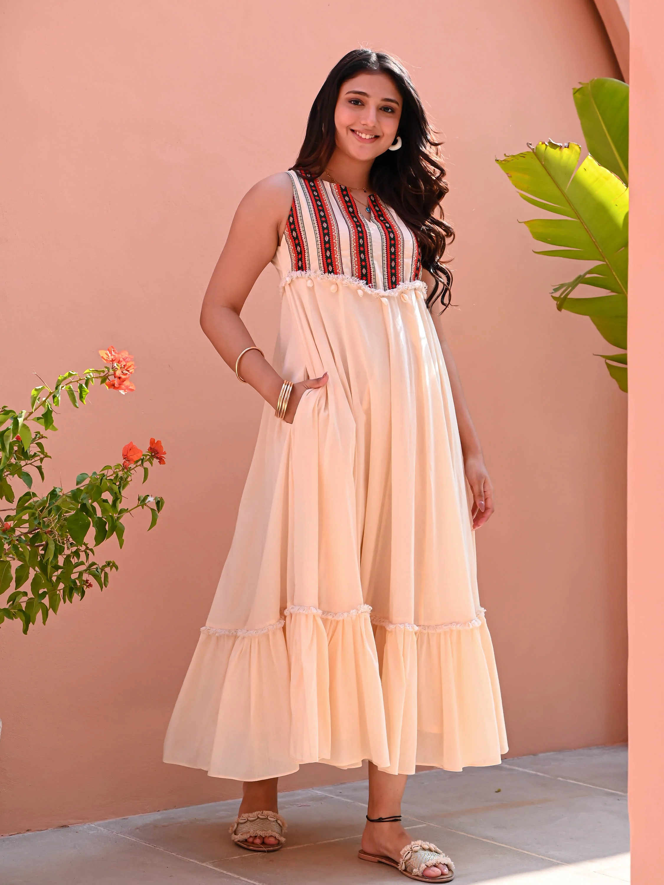 Beige Cotton Dress with Neck Detail - Woolfily