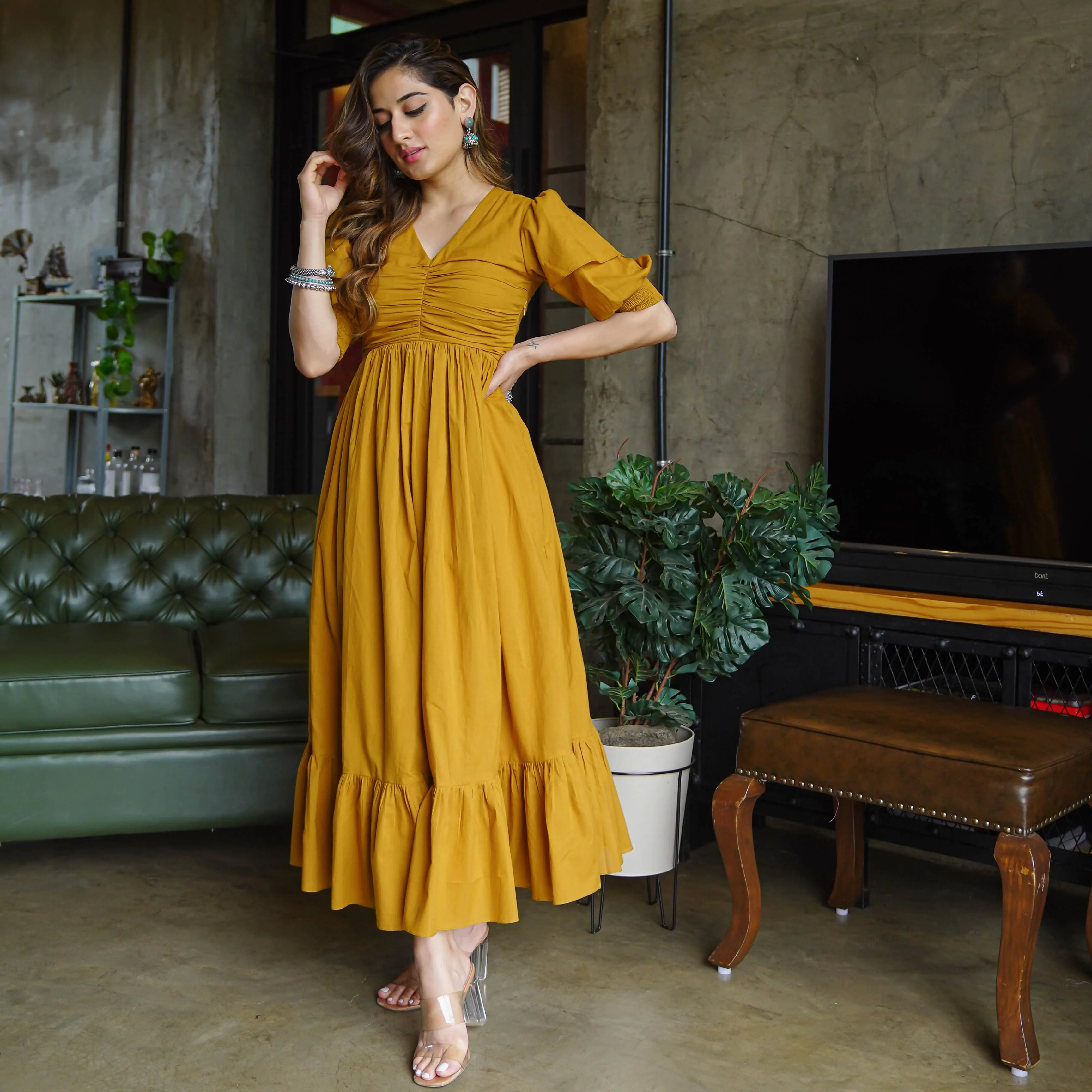 Bunaai Ivy Yellow Cotton Maxi Dress - Woolfily
