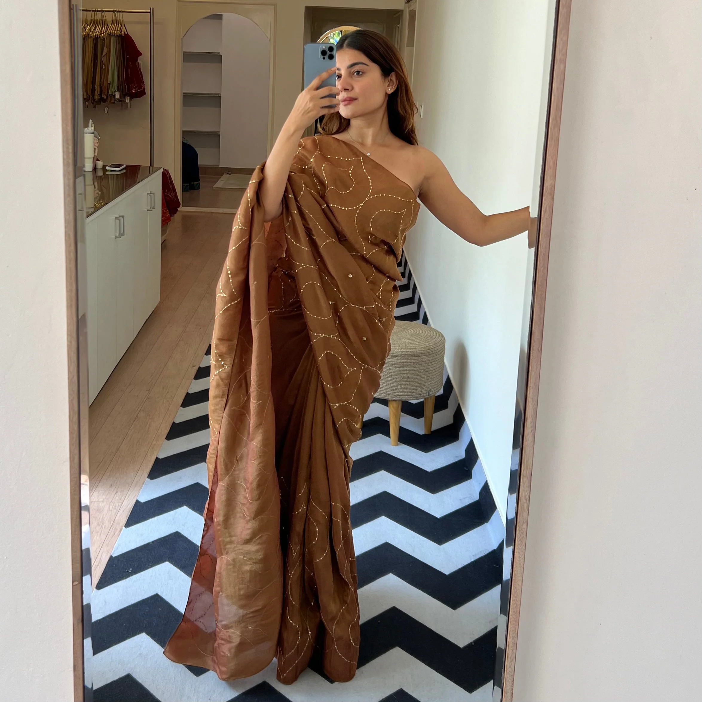 Coffee Caramel Tissue Saree - Woolfily