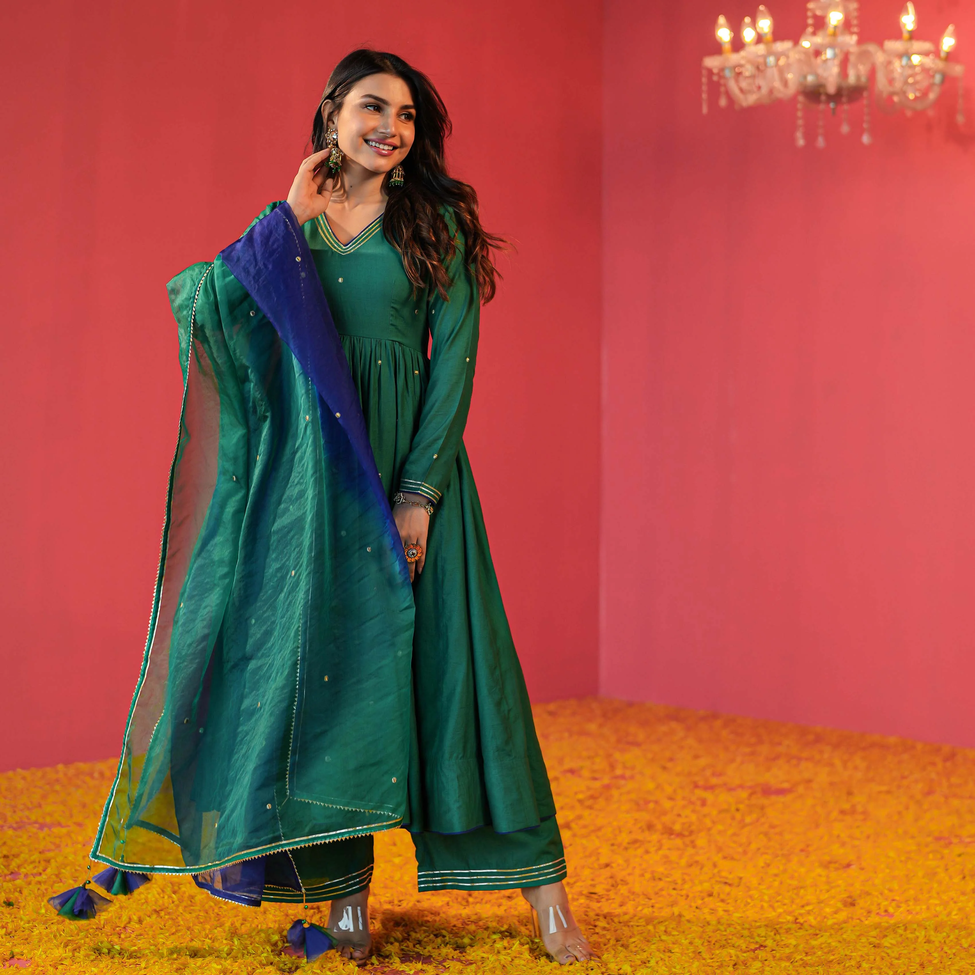 Green Chanderi Suit with Organza Dupatta - Woolfily