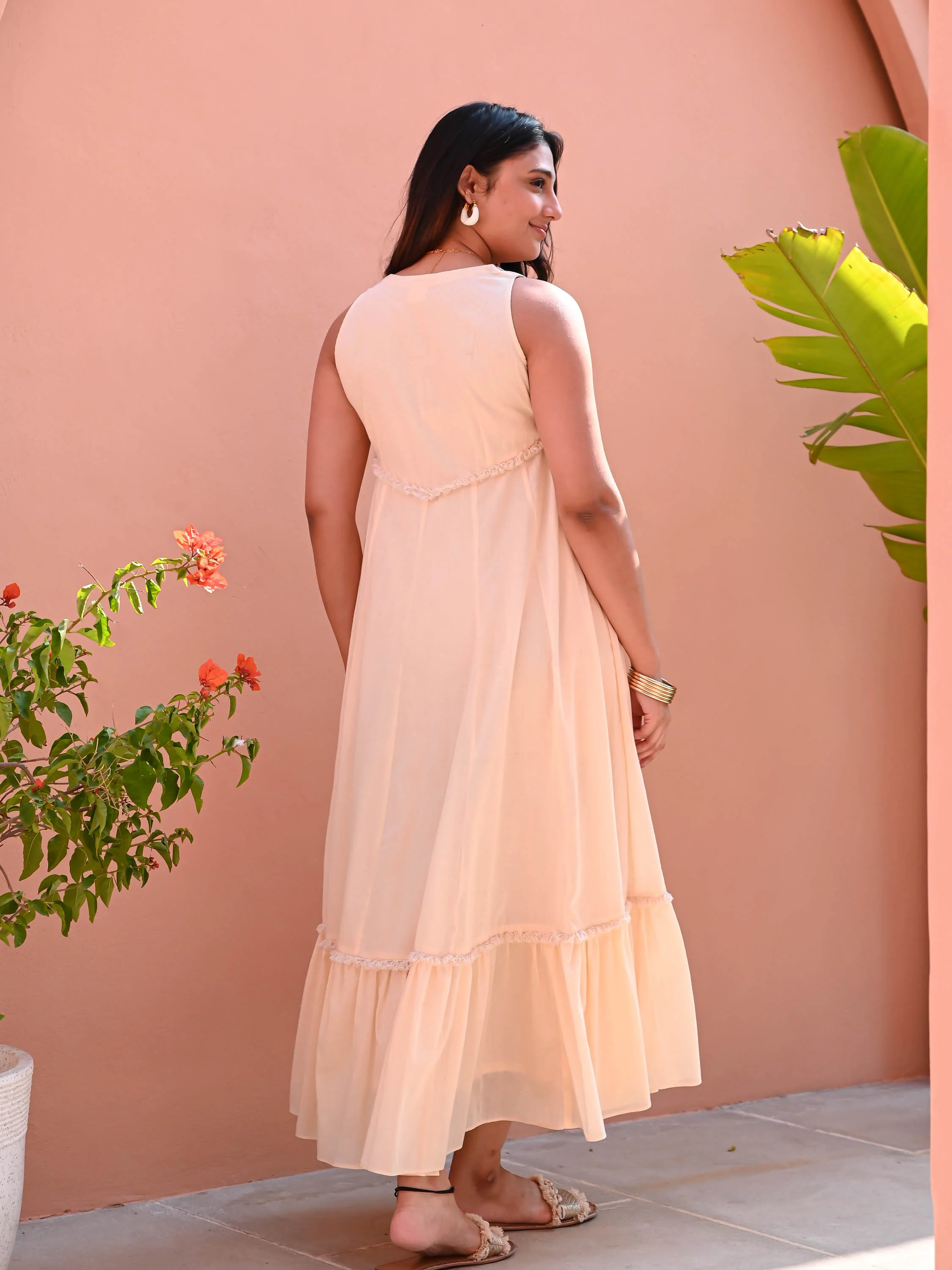 Beige Cotton Dress with Neck Detail - Woolfily