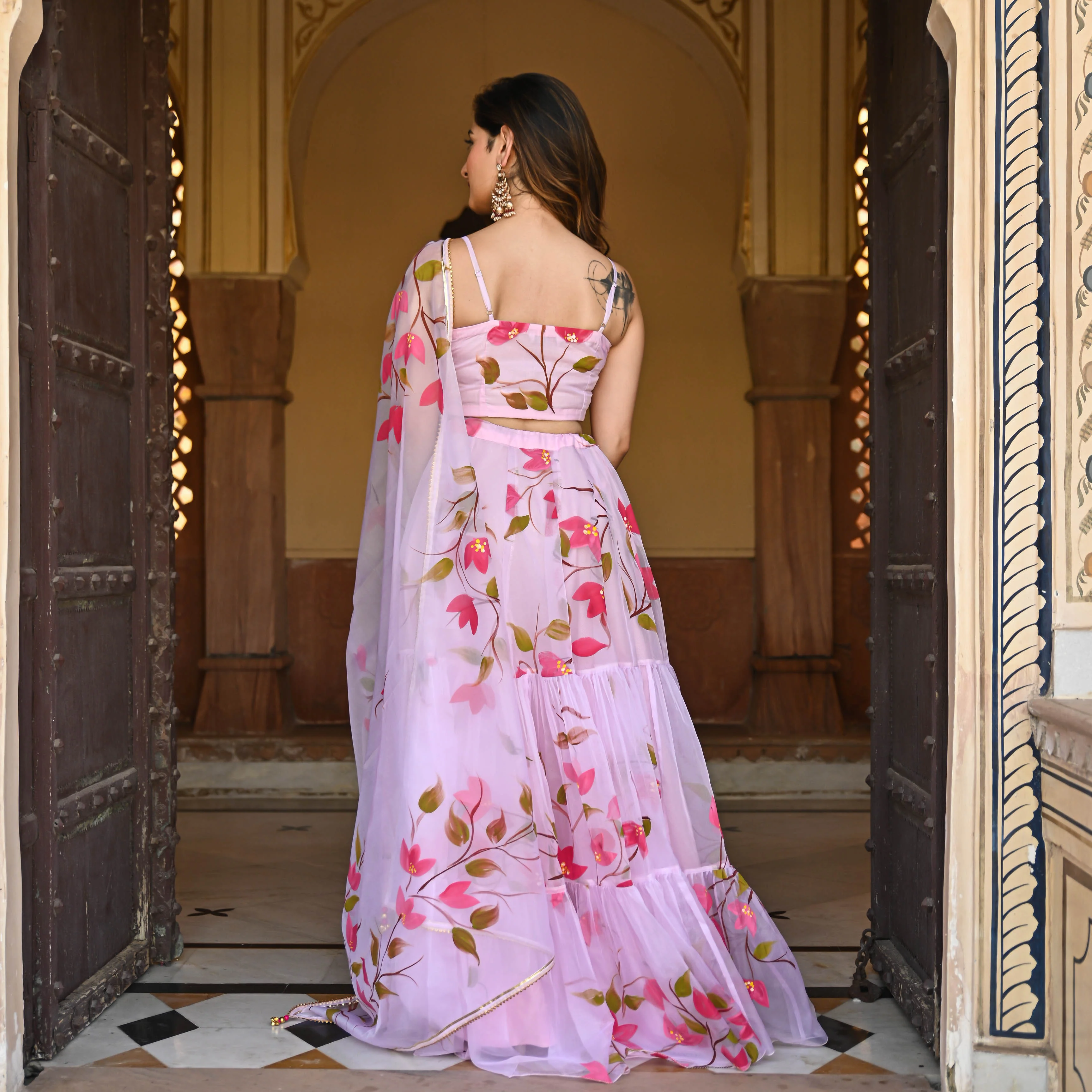 Bunaai Baby Pink Handpainted Lehenga Set - Woolfily