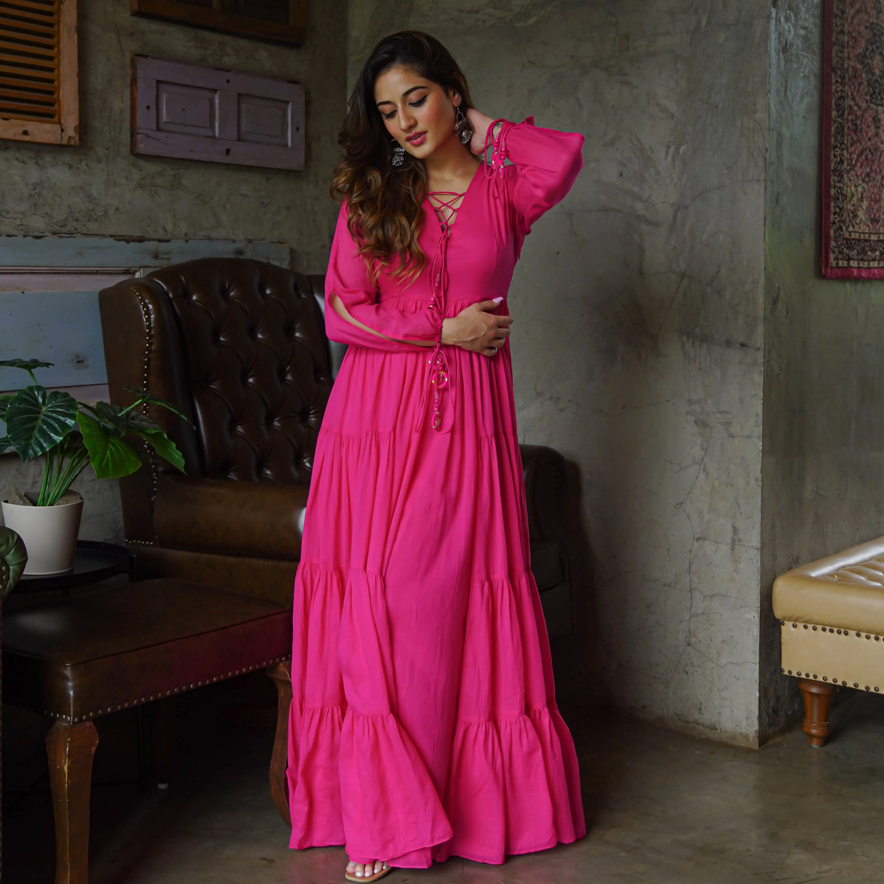 Bunaai Hot Pink Cotton Maxi Dress - Woolfily