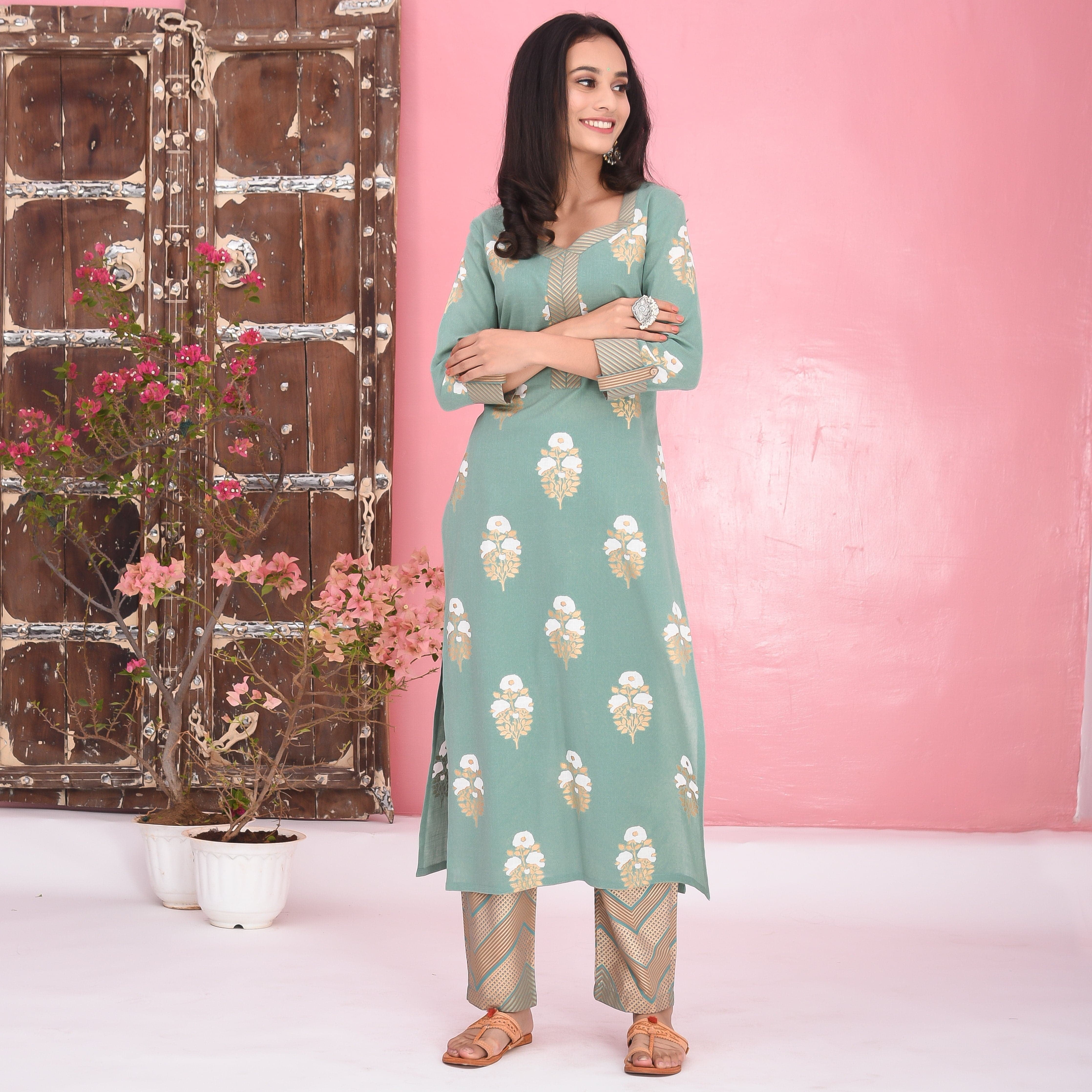 Bunaai Stripes Floral Cotton Kurta Set - Woolfily