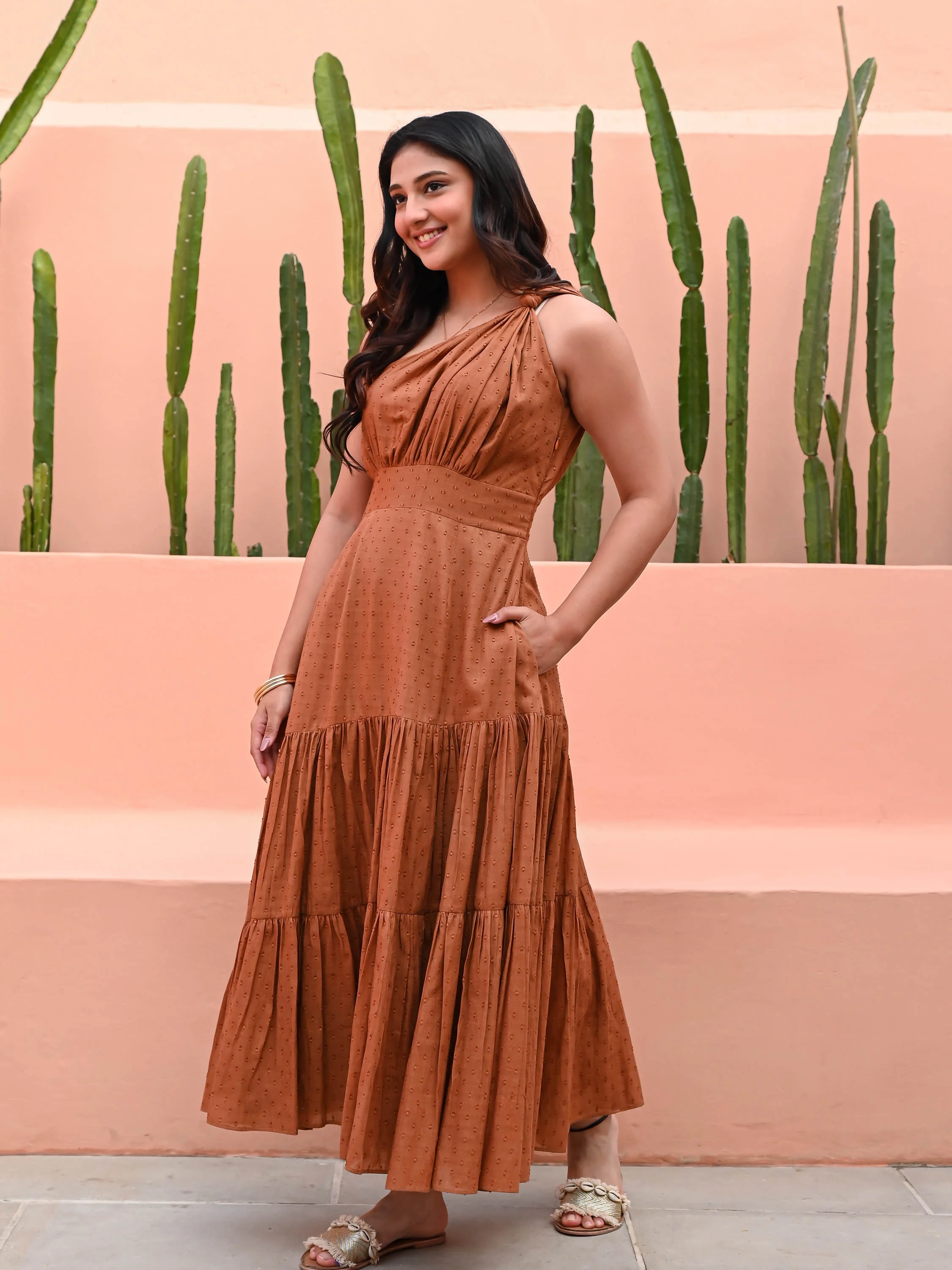 Brown One Shoulder Cotton Dress - Woolfily