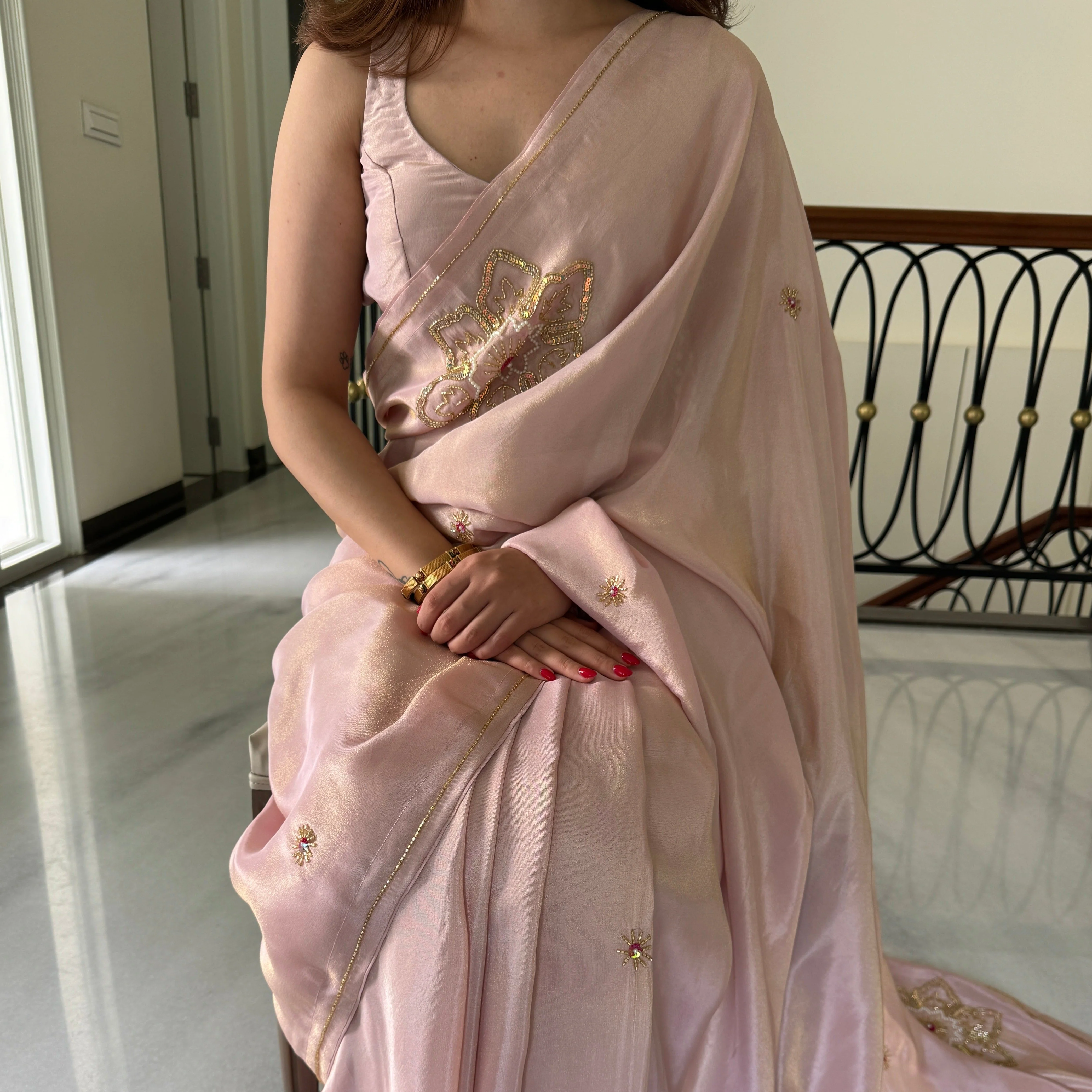 Blush Pink Tissue Saree - Woolfily