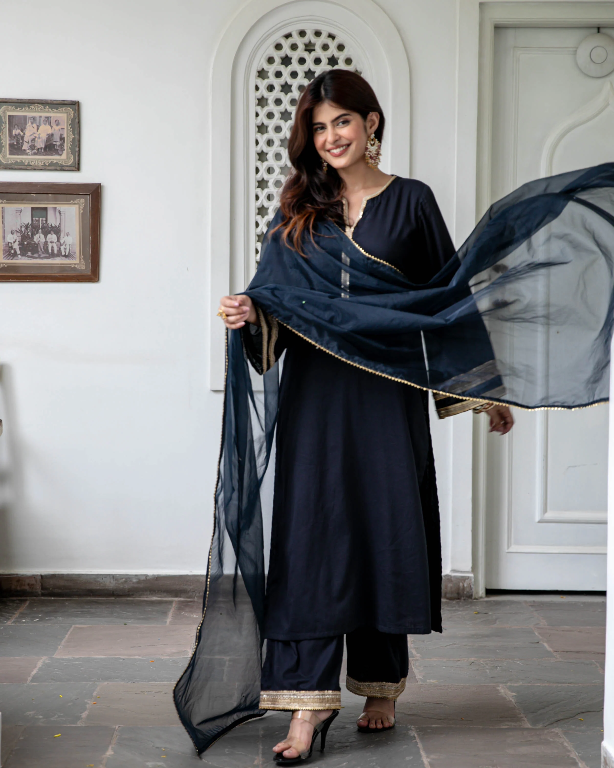 Black Cotton Suit Set with Organza Dupatta - Woolfily