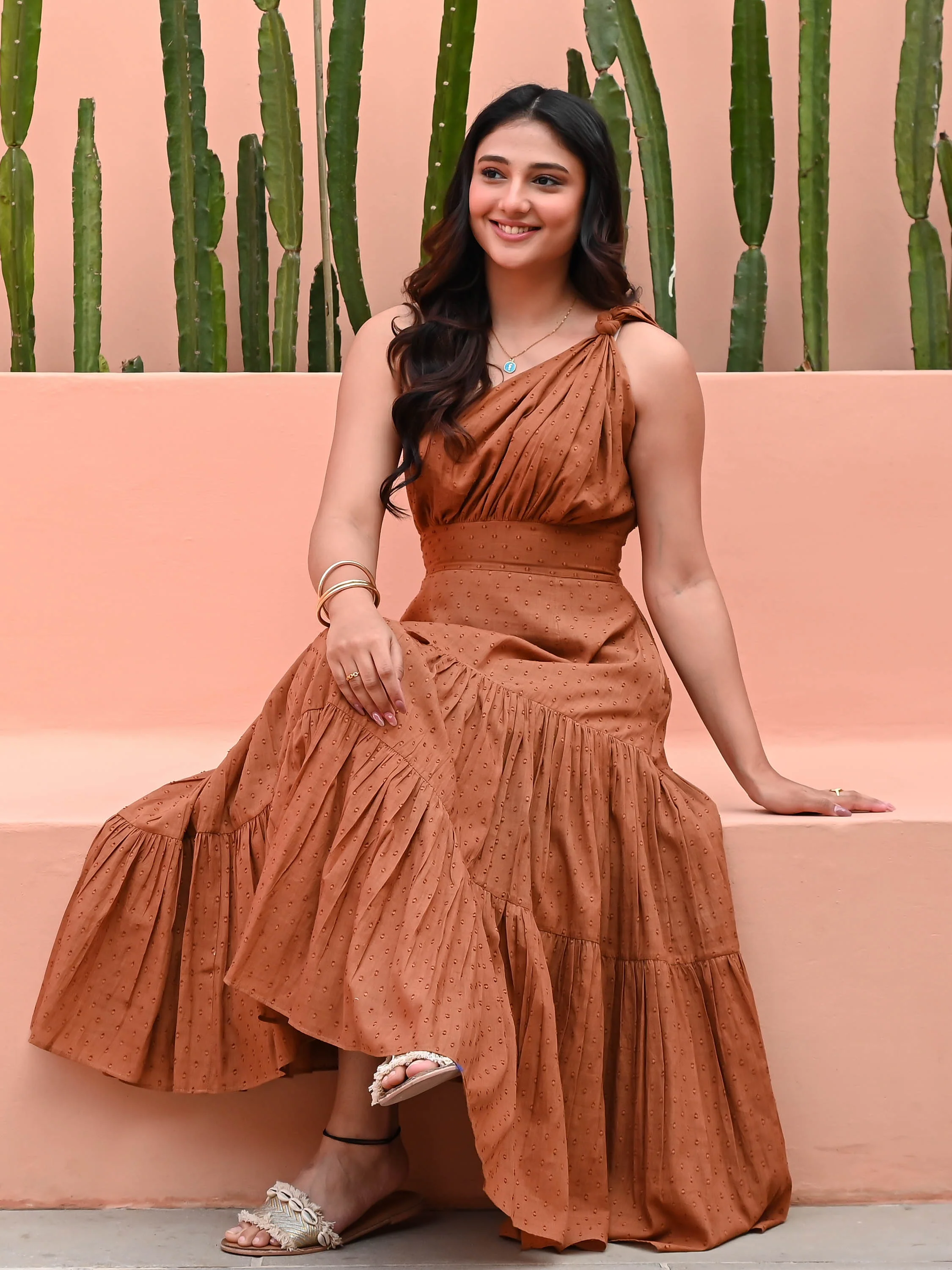 Brown One Shoulder Cotton Dress - Woolfily