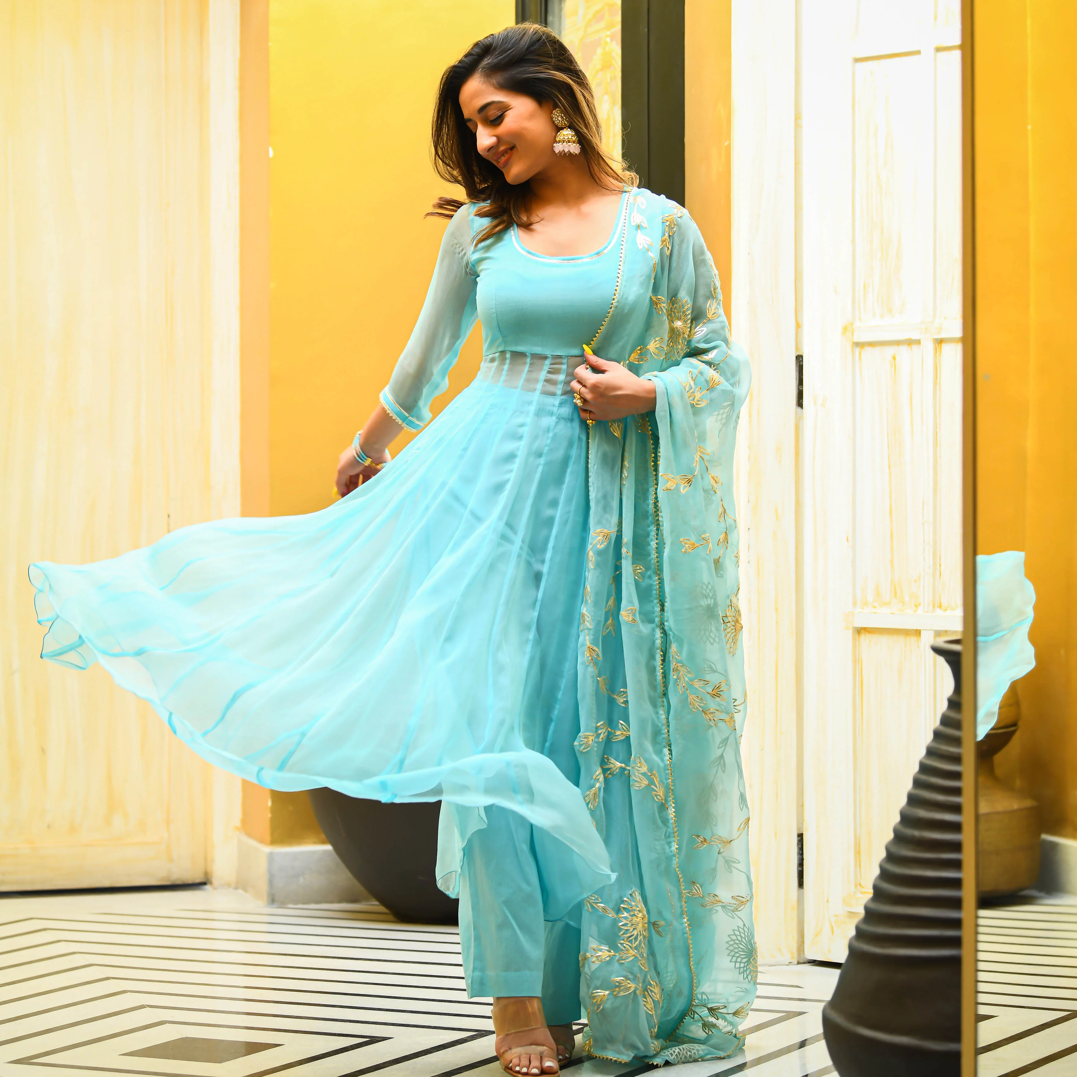 Bunaai Skyblue Gotta Salwar Suit - Woolfily