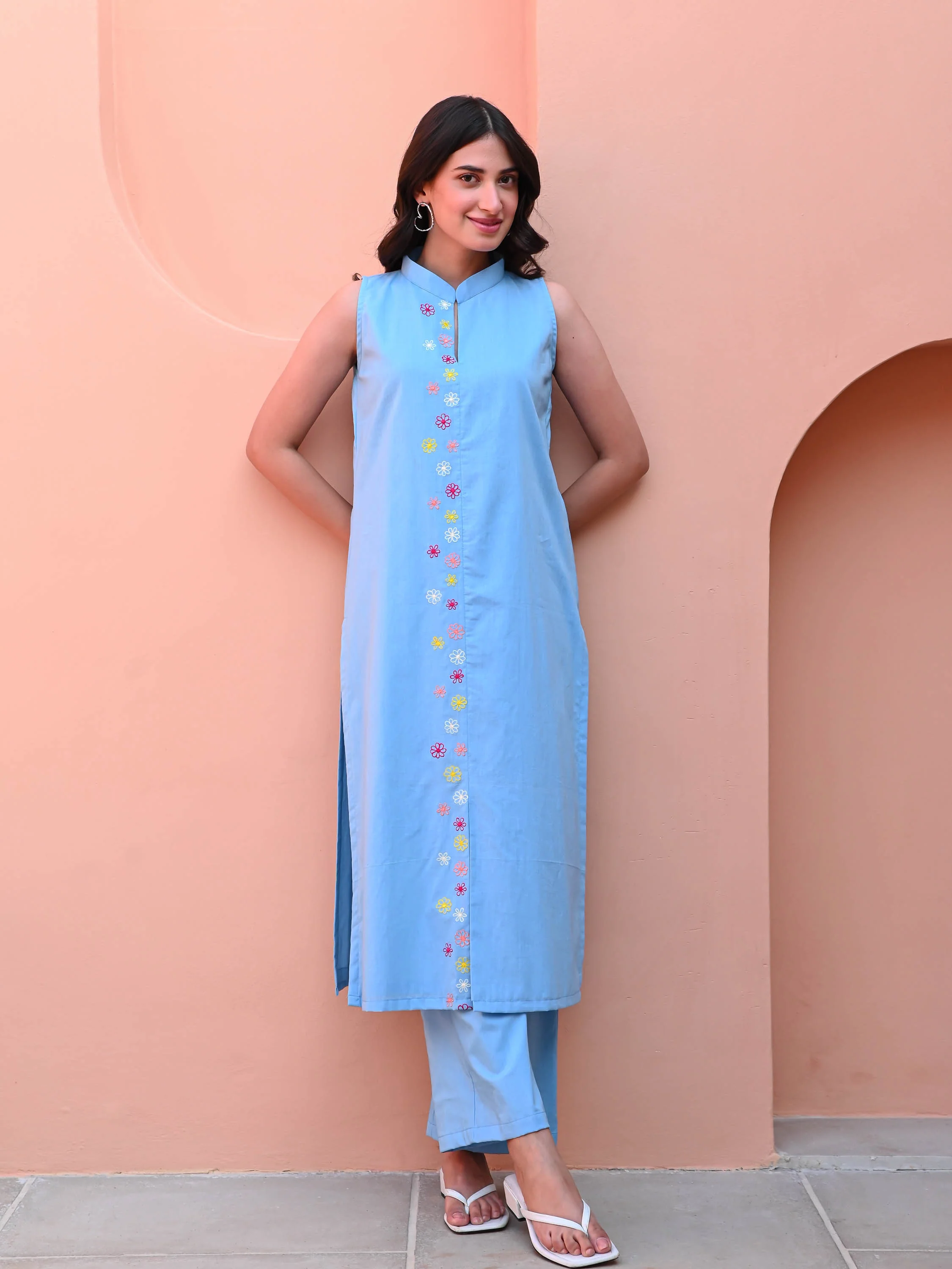 Powder Blue Embroidered Kurta Set - Woolfily