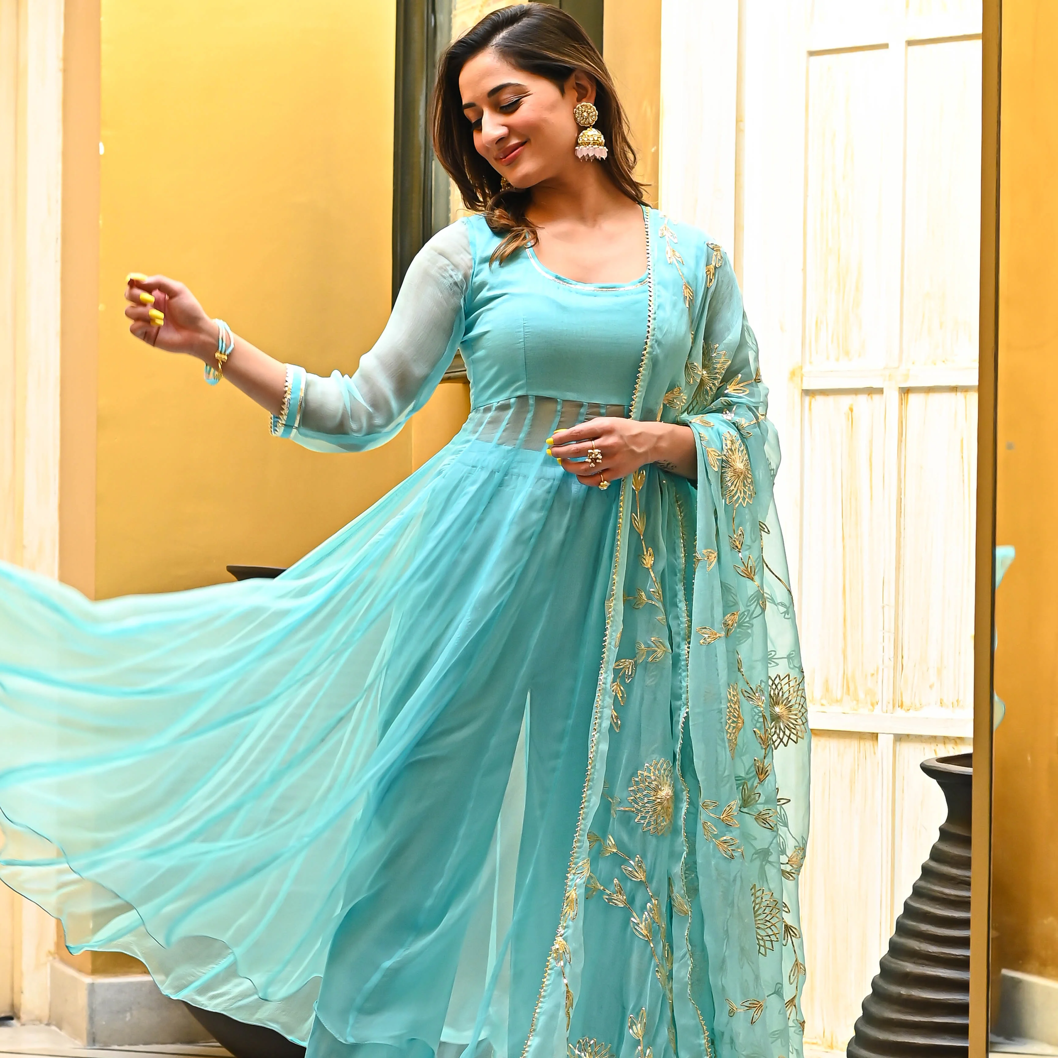 Bunaai Skyblue Gotta Salwar Suit - Woolfily