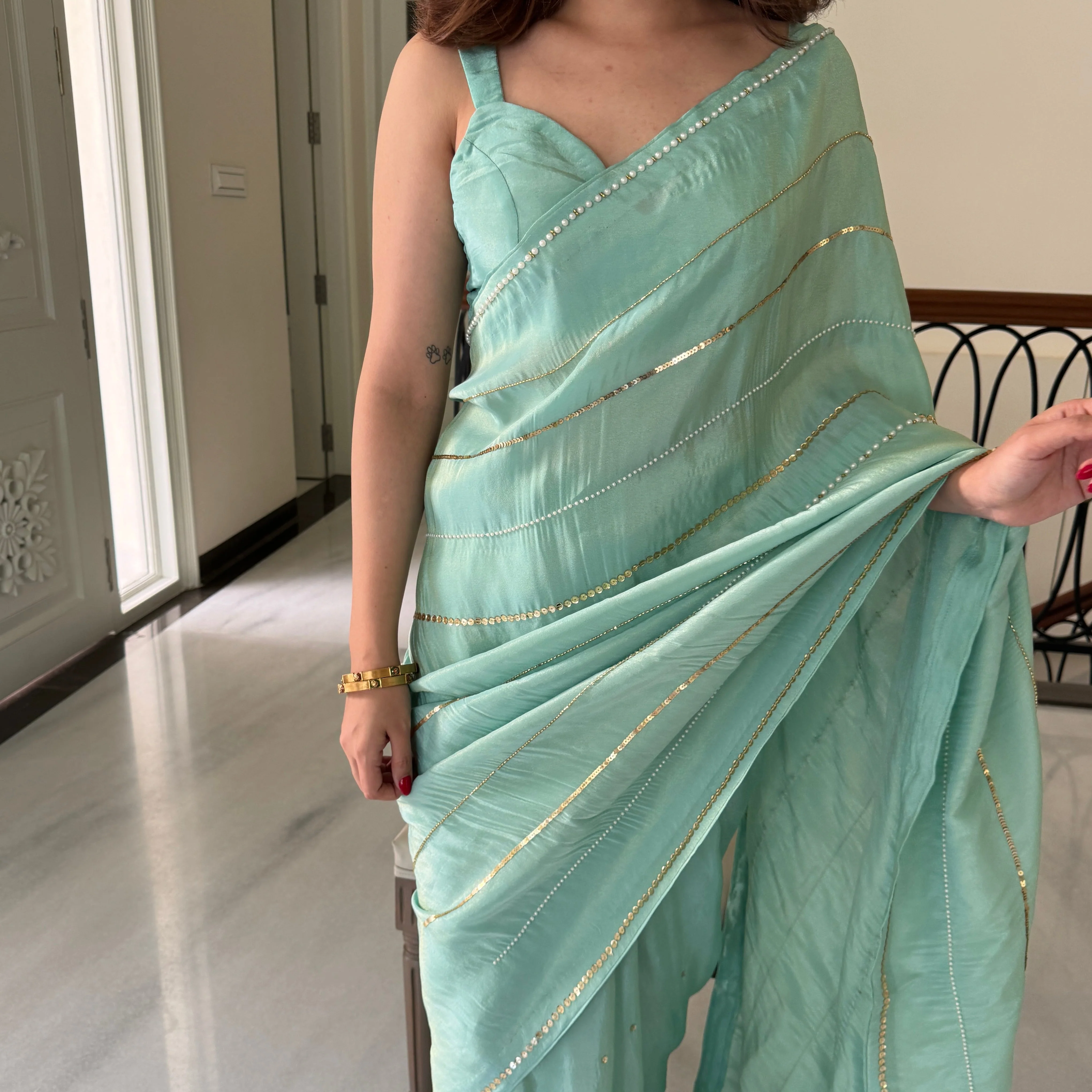 SkyBlue Embroidered Tissue Sare - Woolfily