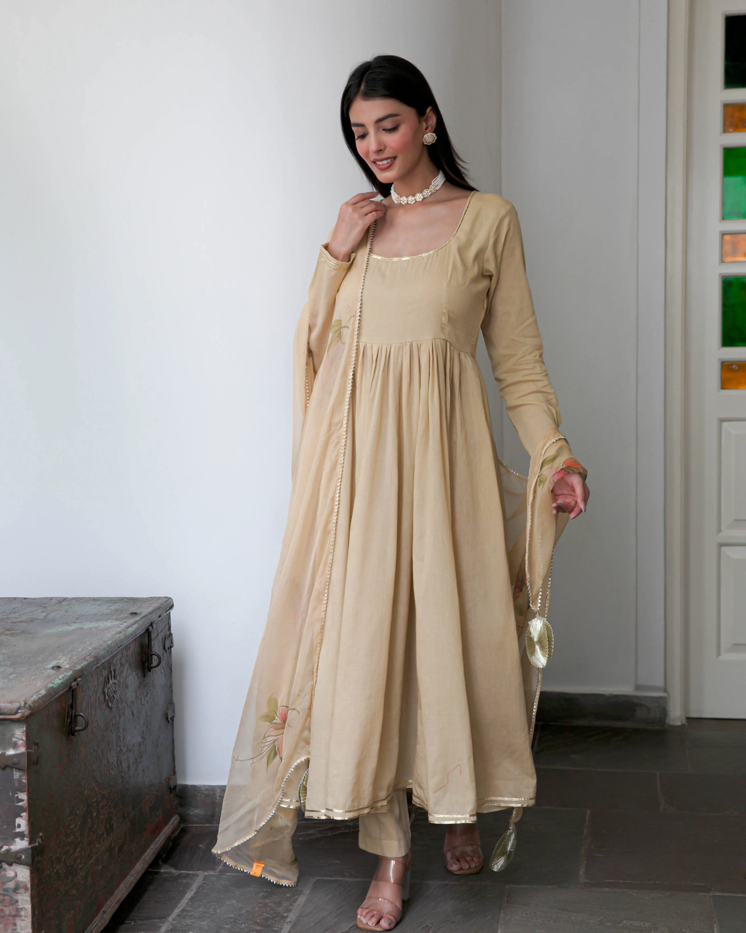 Beige Suit Set with Handpainted Dupatta - Woolfily