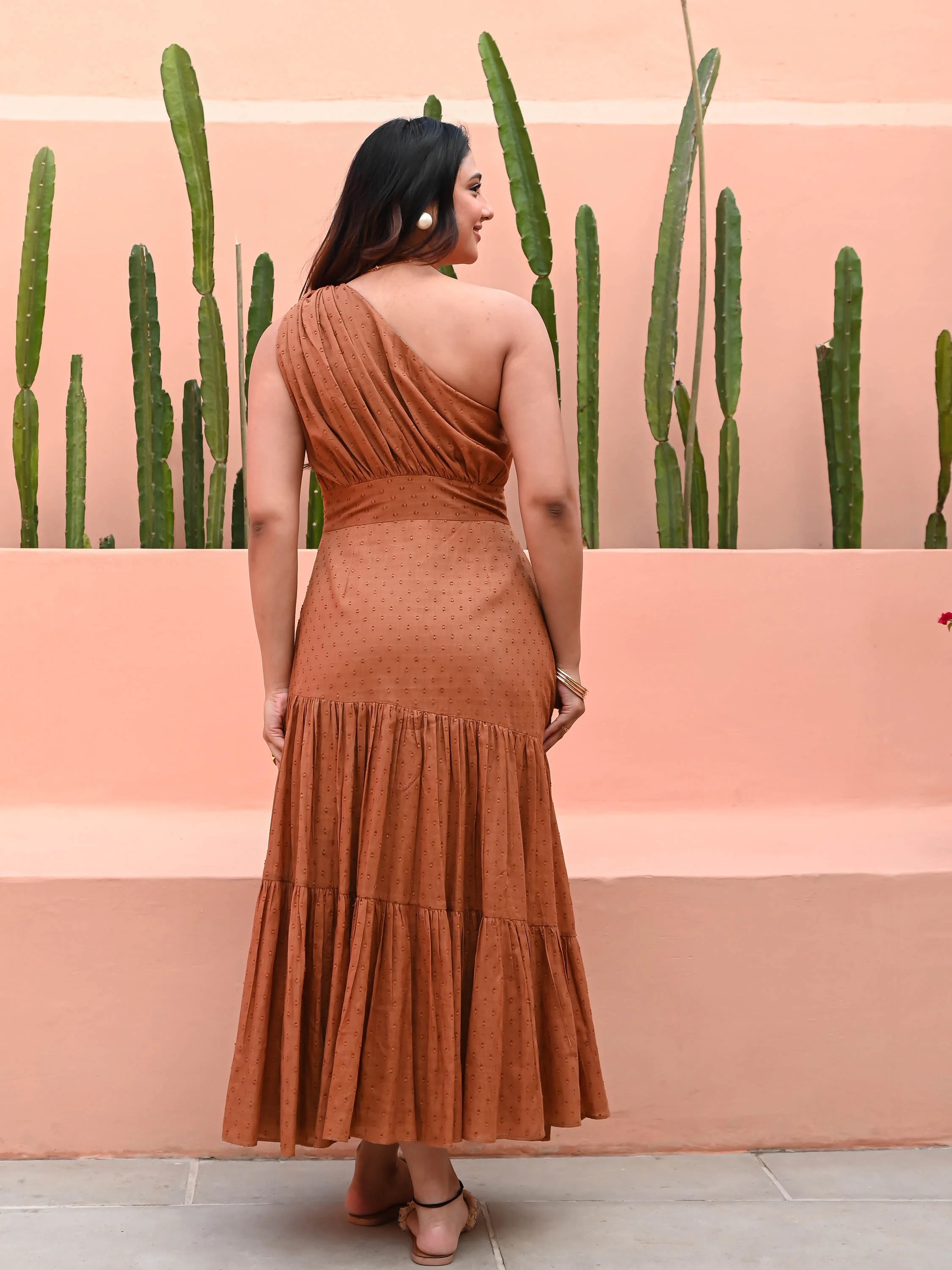 Brown One Shoulder Cotton Dress - Woolfily