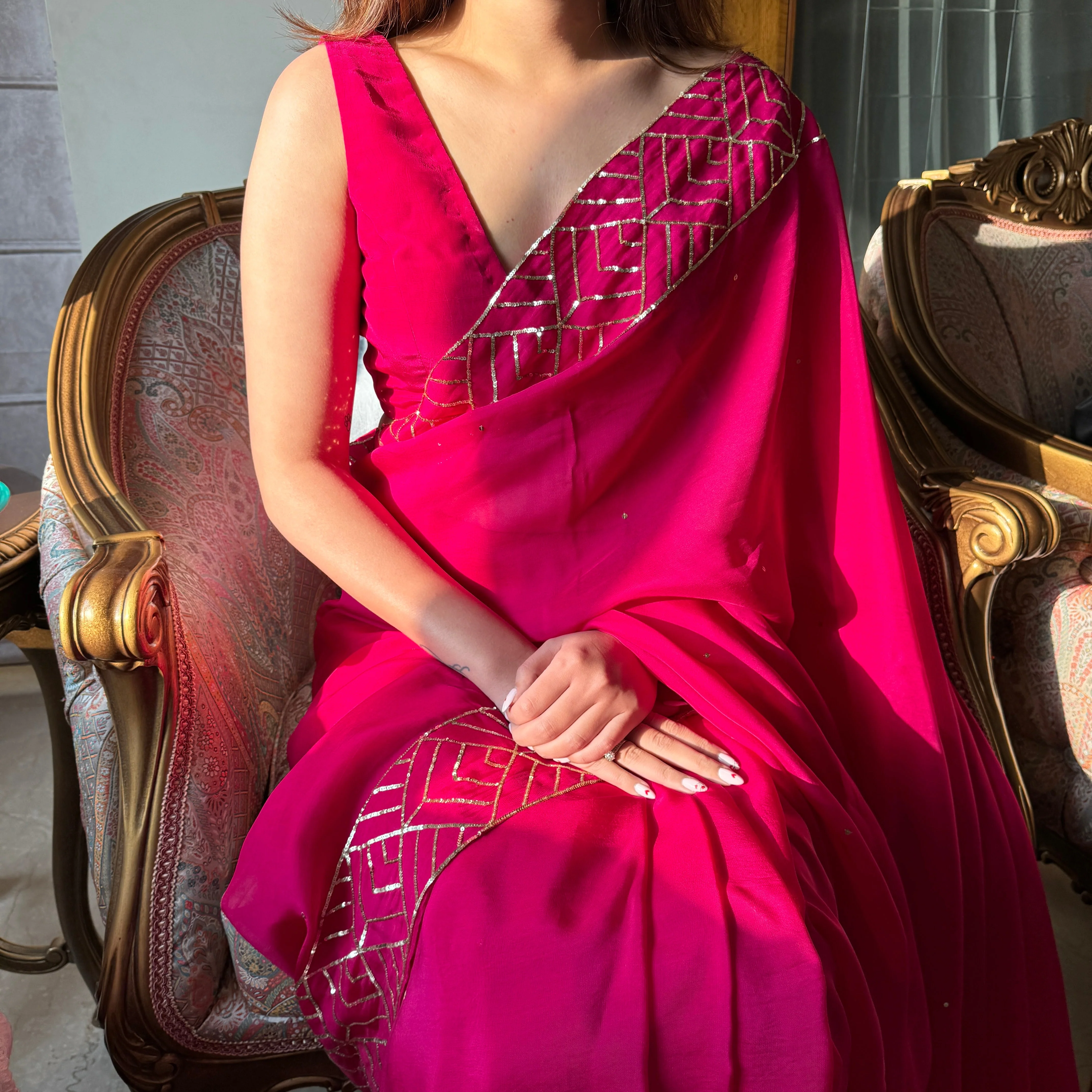 Hot Pink Organza Saree - Woolfily